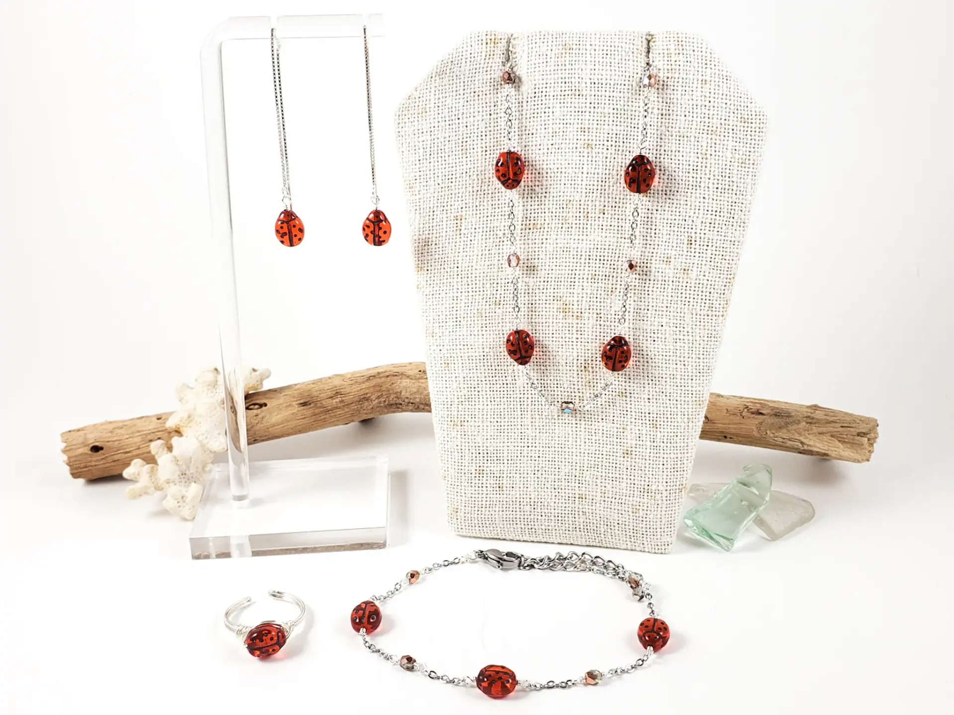 Ladybug earrings, necklace, bracelet, and ring in red or turquoise