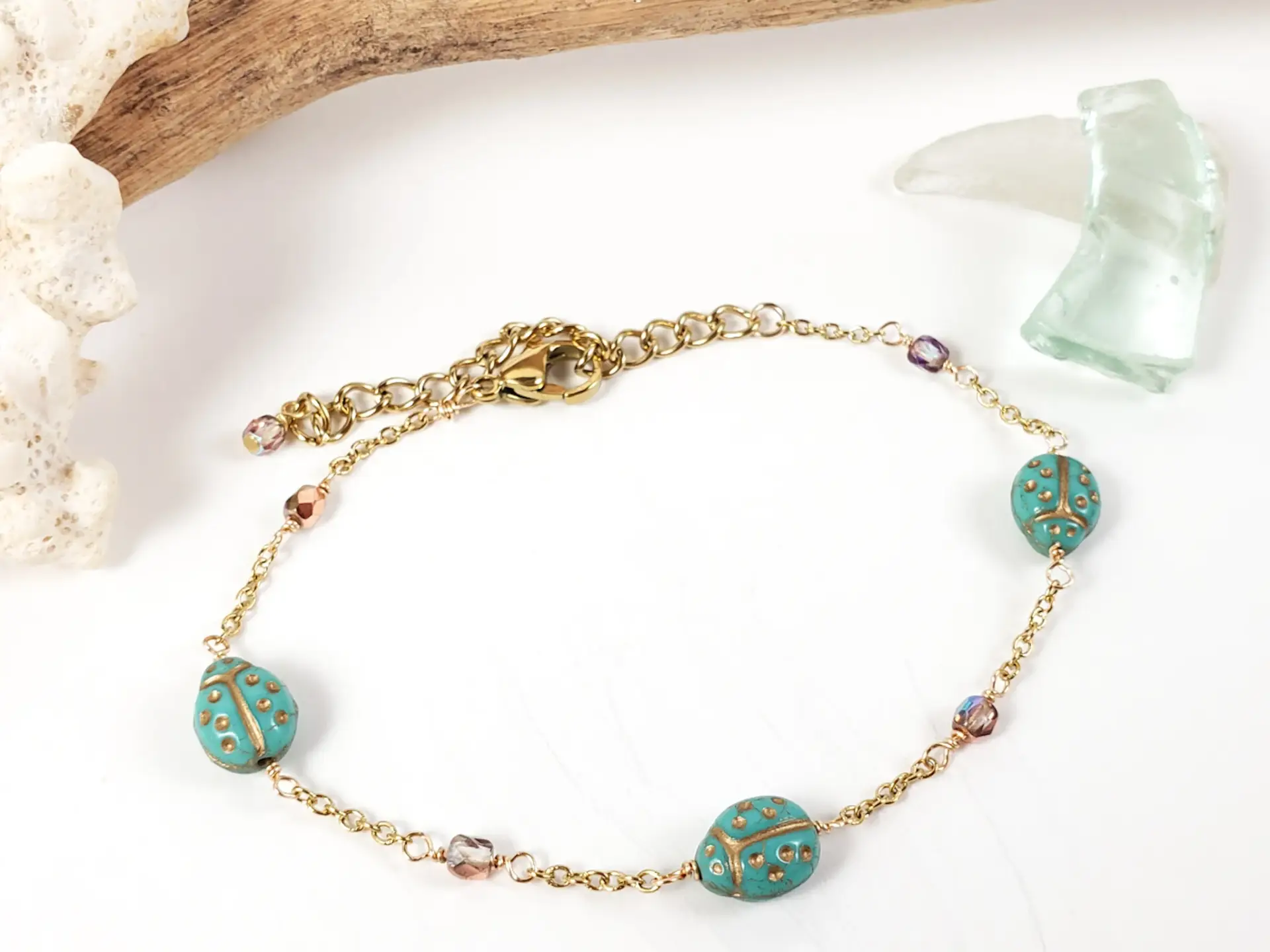 Ladybug earrings, necklace, bracelet, and ring in red or turquoise - Image 5
