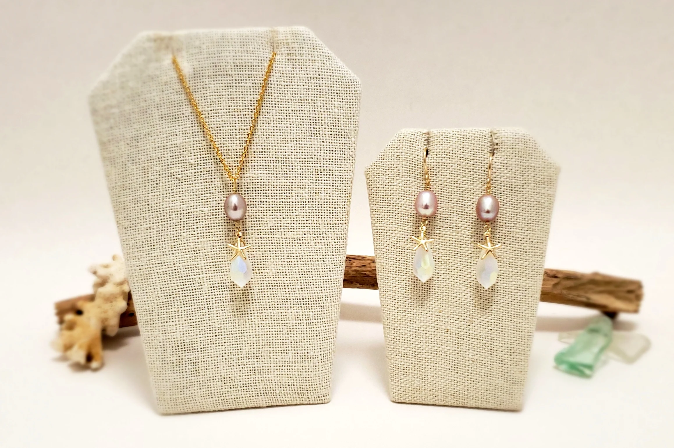 Lavender Freshwater Pearl, Starfish, and Crystal Earrings