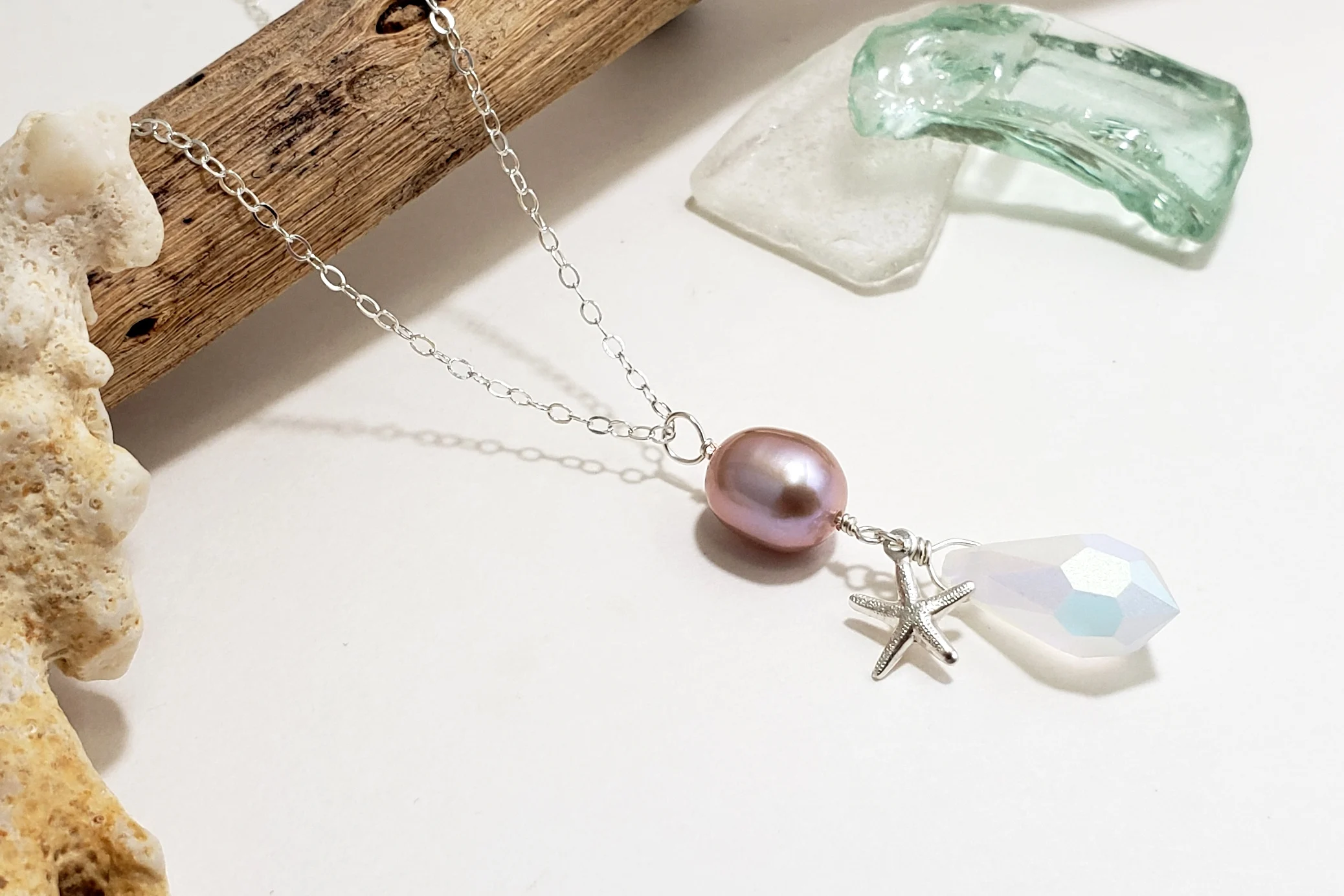 Lavender Freshwater Pearl, Starfish, and Crystal Earrings - Image 6