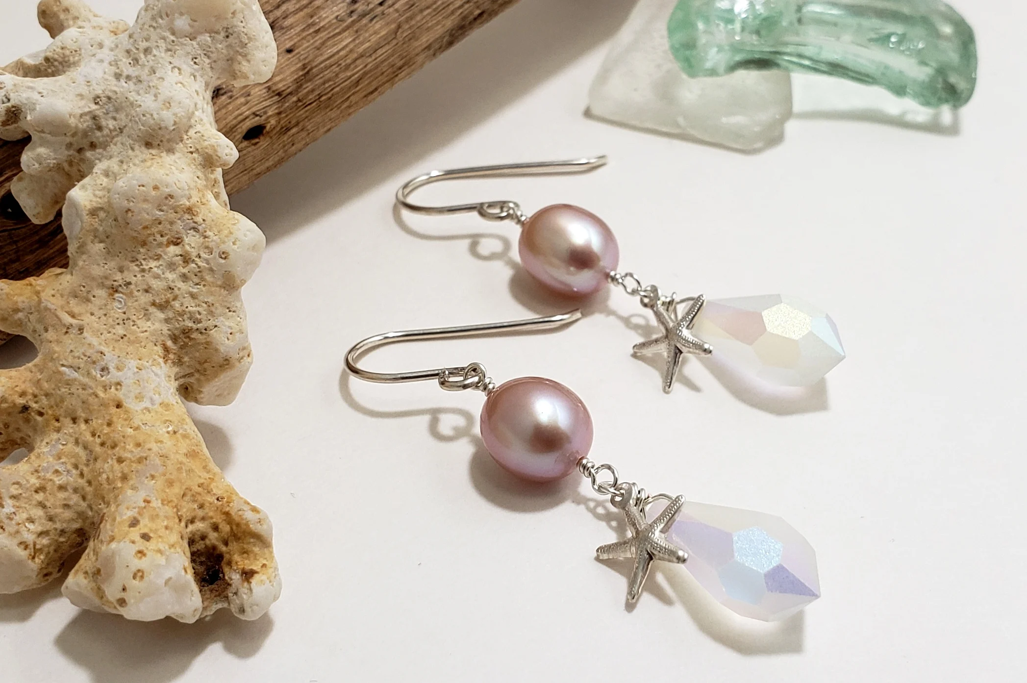 Lavender Freshwater Pearl, Starfish, and Crystal Earrings - Image 4