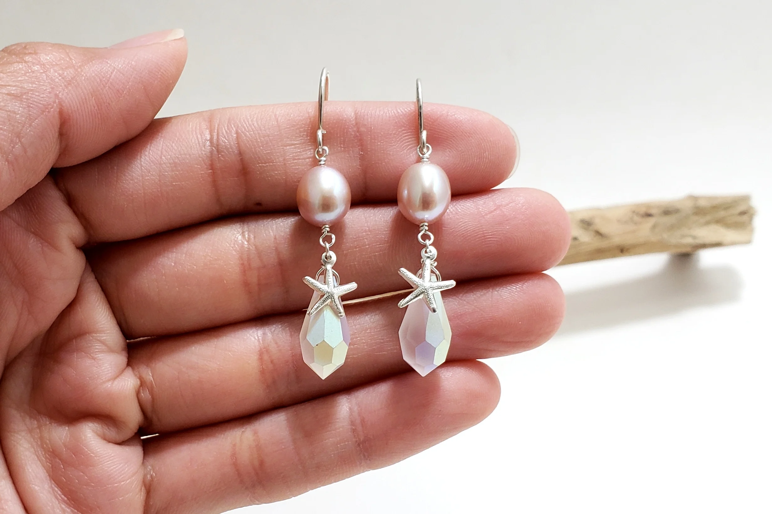 Lavender Freshwater Pearl, Starfish, and Crystal Earrings - Image 3