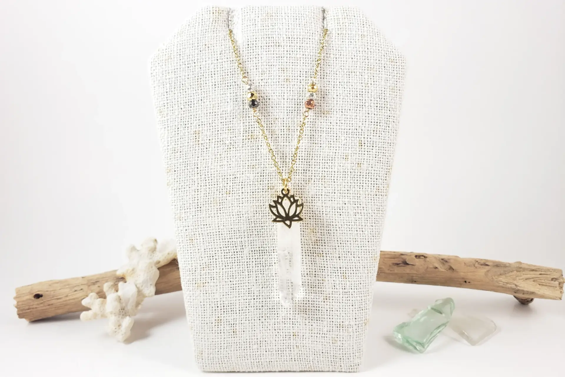 Lotus raw quartz pyrite necklace - Image 9