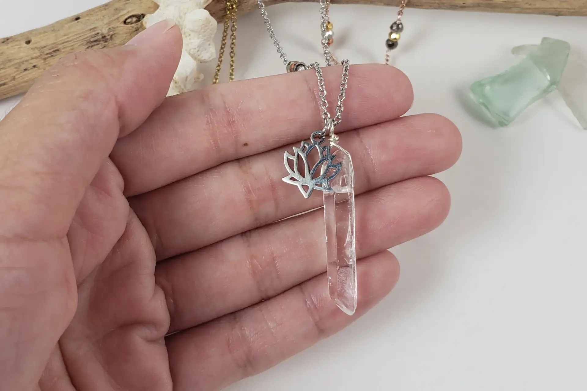 Lotus raw quartz pyrite necklace - Image 6