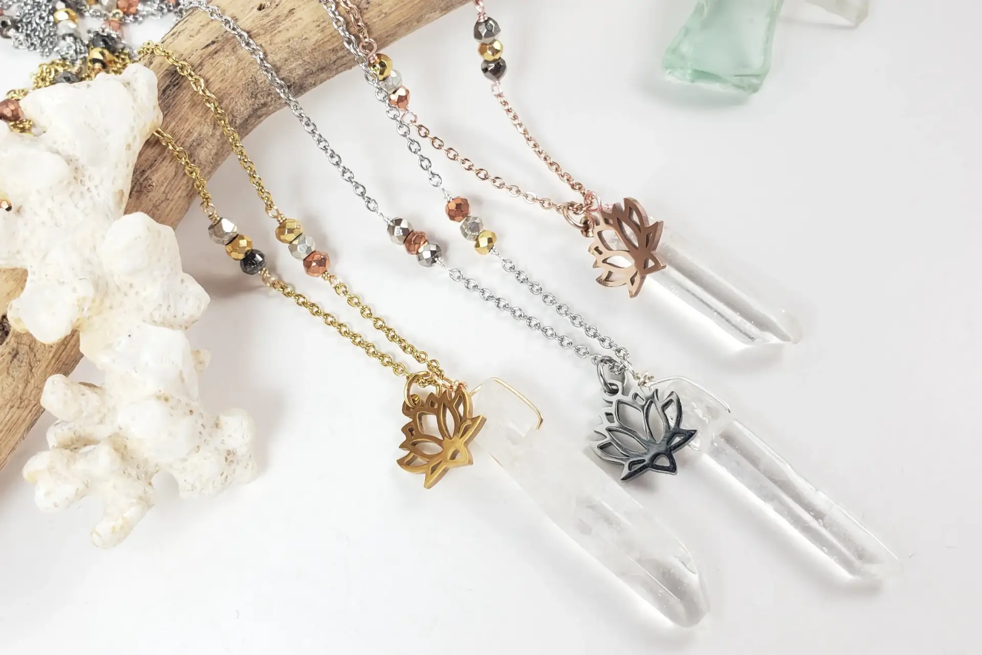 Lotus raw quartz pyrite necklace - Image 2
