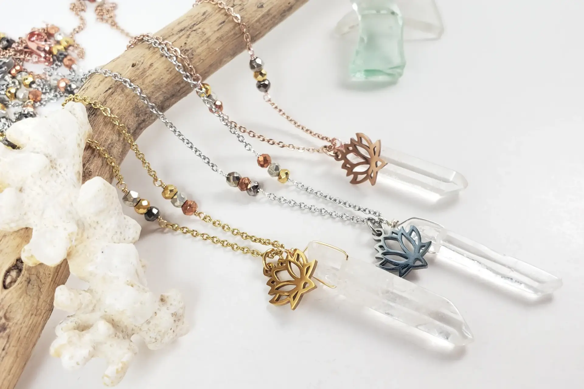 Lotus raw quartz pyrite necklace
