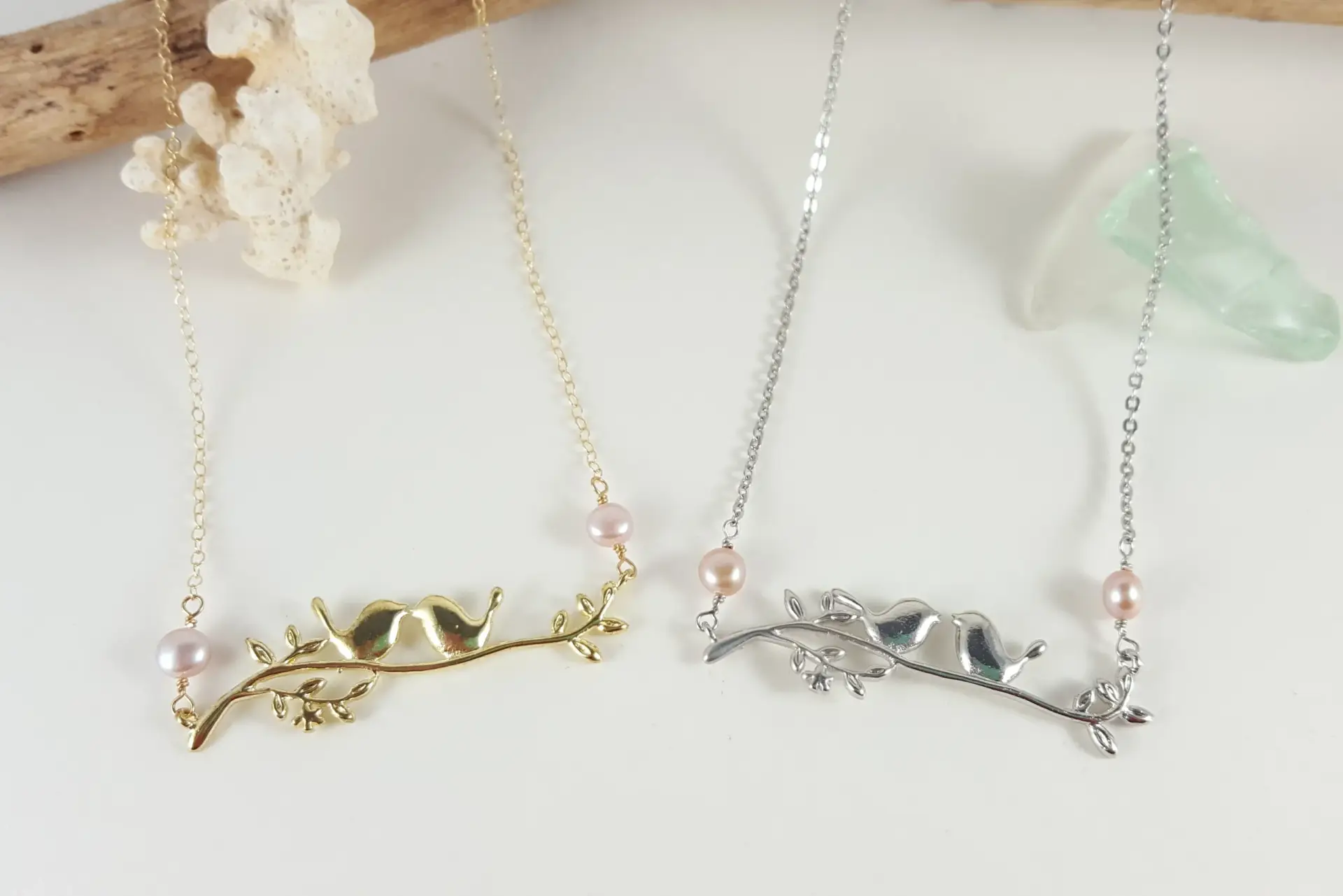 Lovebirds on branch necklace