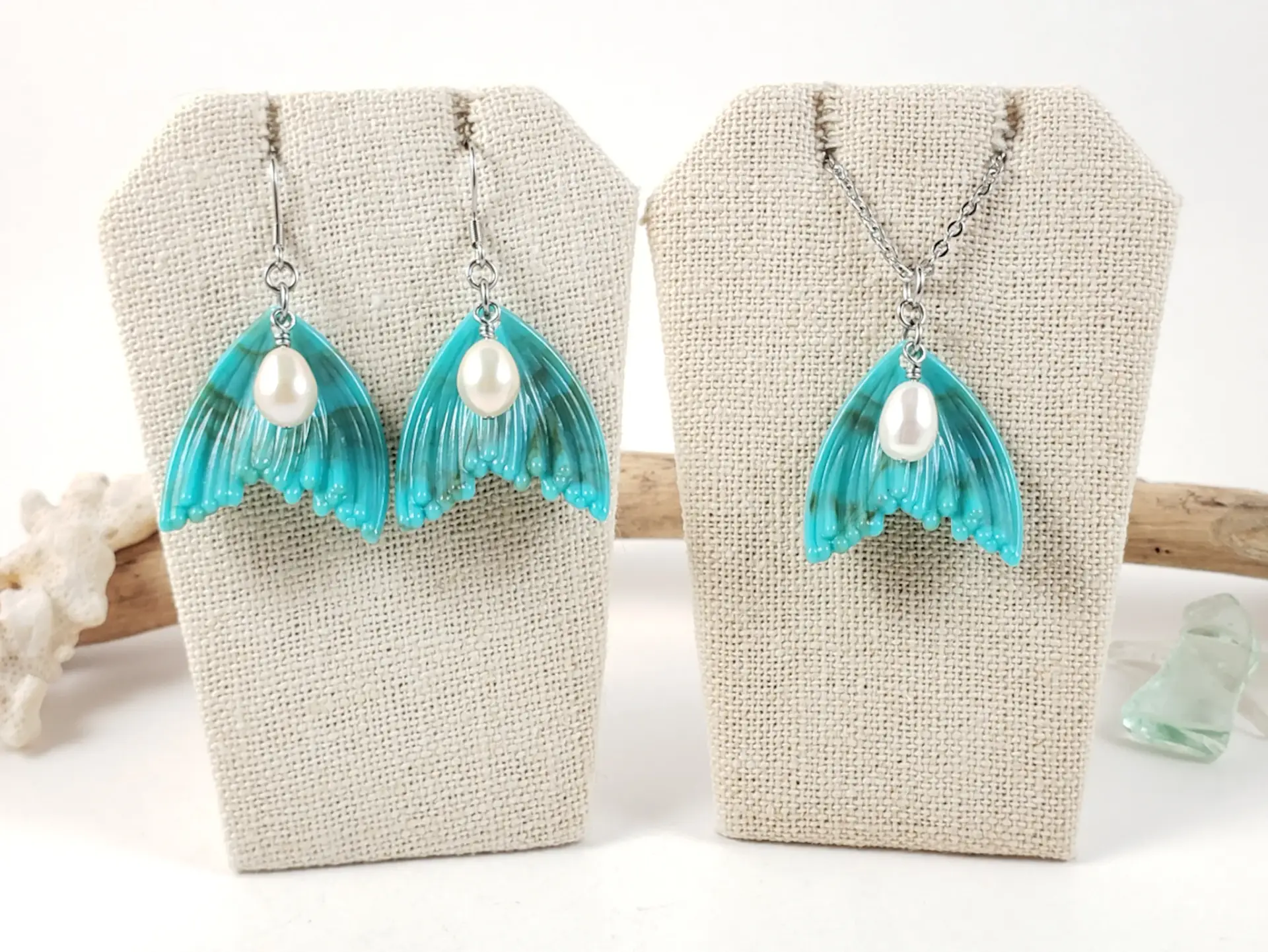 Mermaid tail and freshwater pearl earrings and necklaces