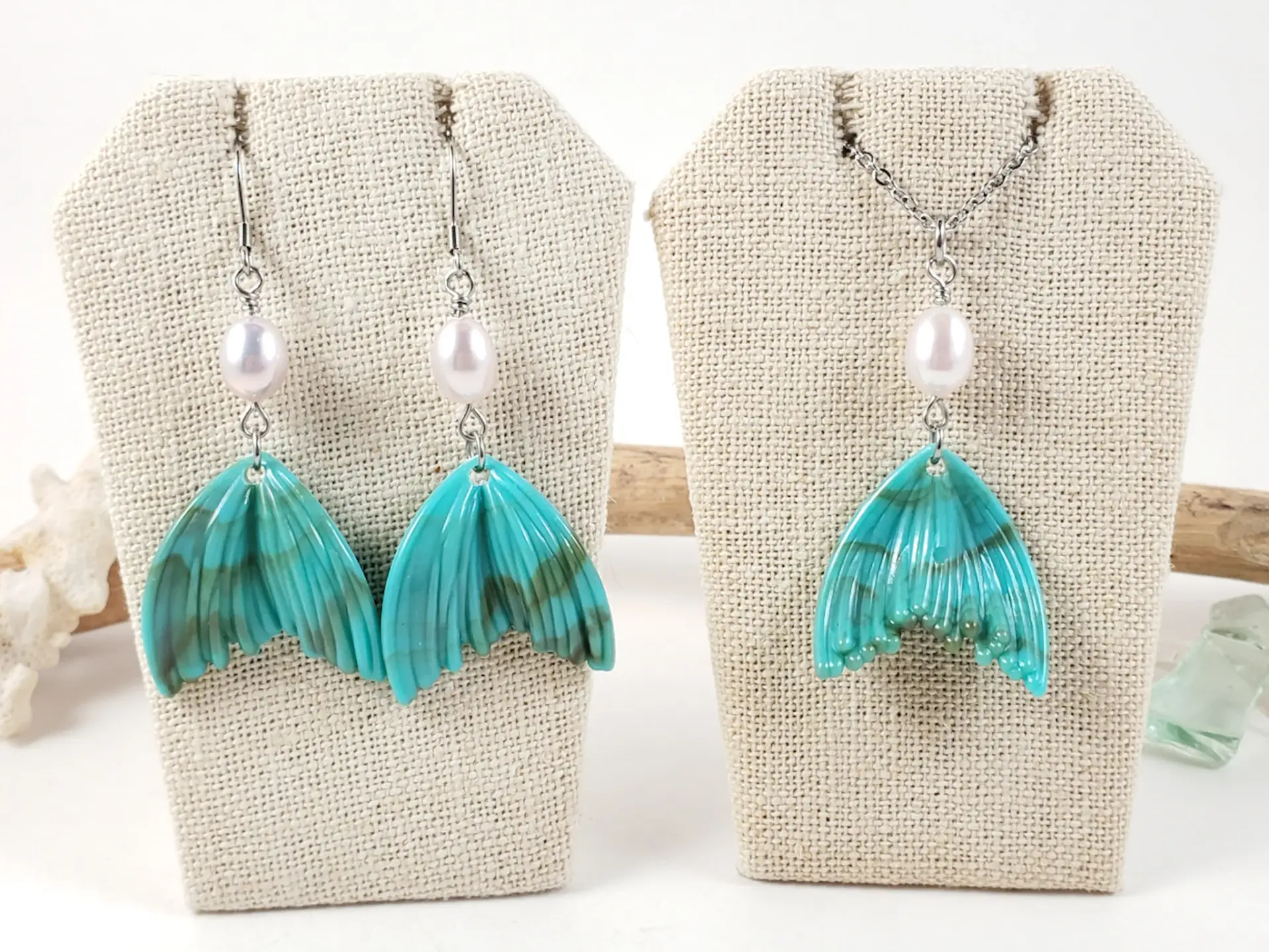 Mermaid tail and freshwater pearl earrings and necklaces - Image 4