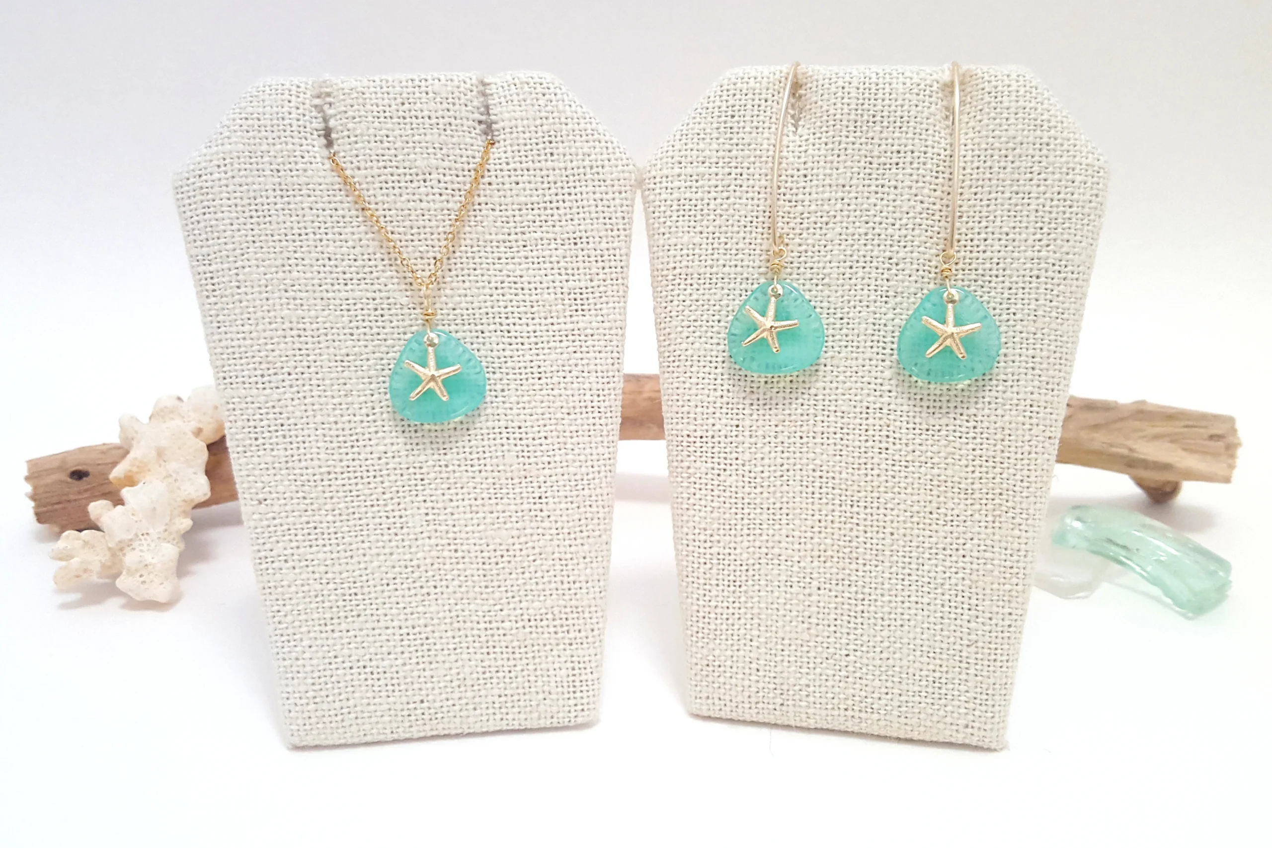 Glass petal and starfish earrings and necklace