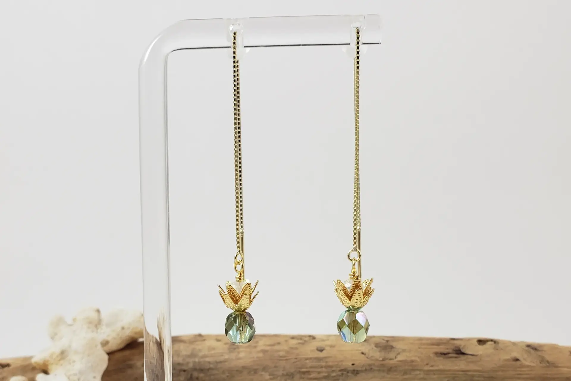 Green mini pineapple threader earring in silver and gold - Image 2