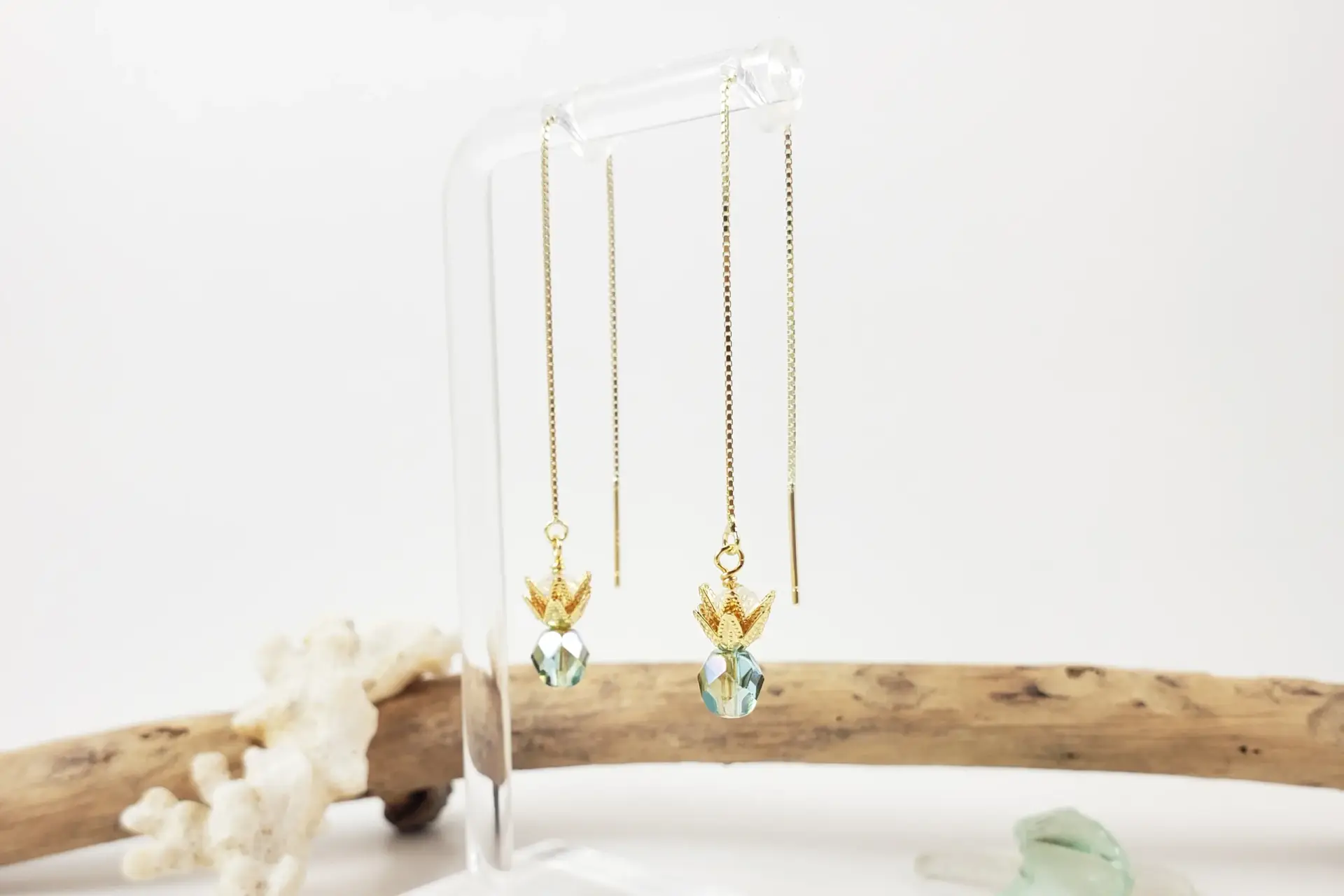 Green mini pineapple threader earring in silver and gold