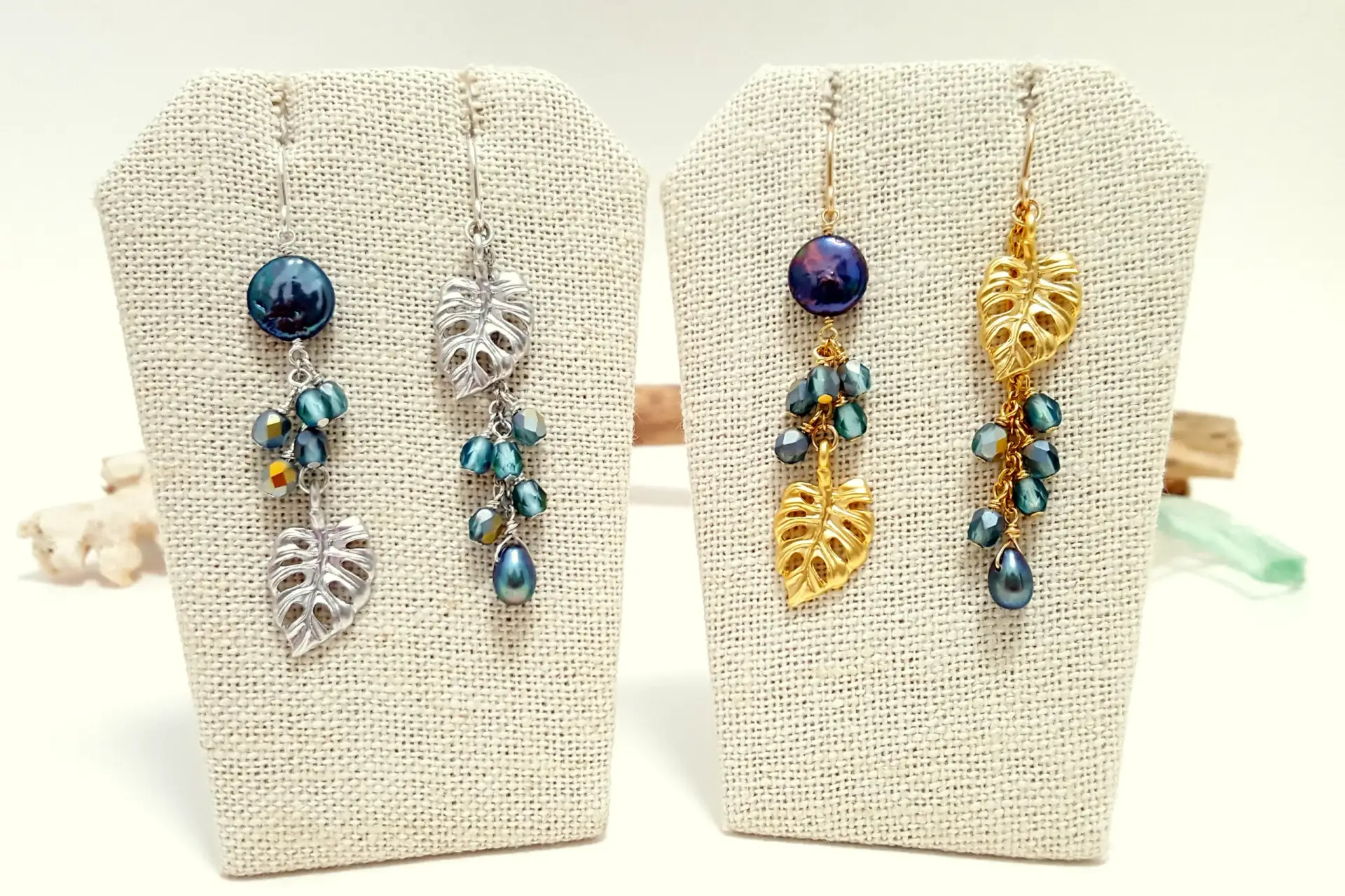 Silver and Gold Monstera Leaf Earrings and Necklace