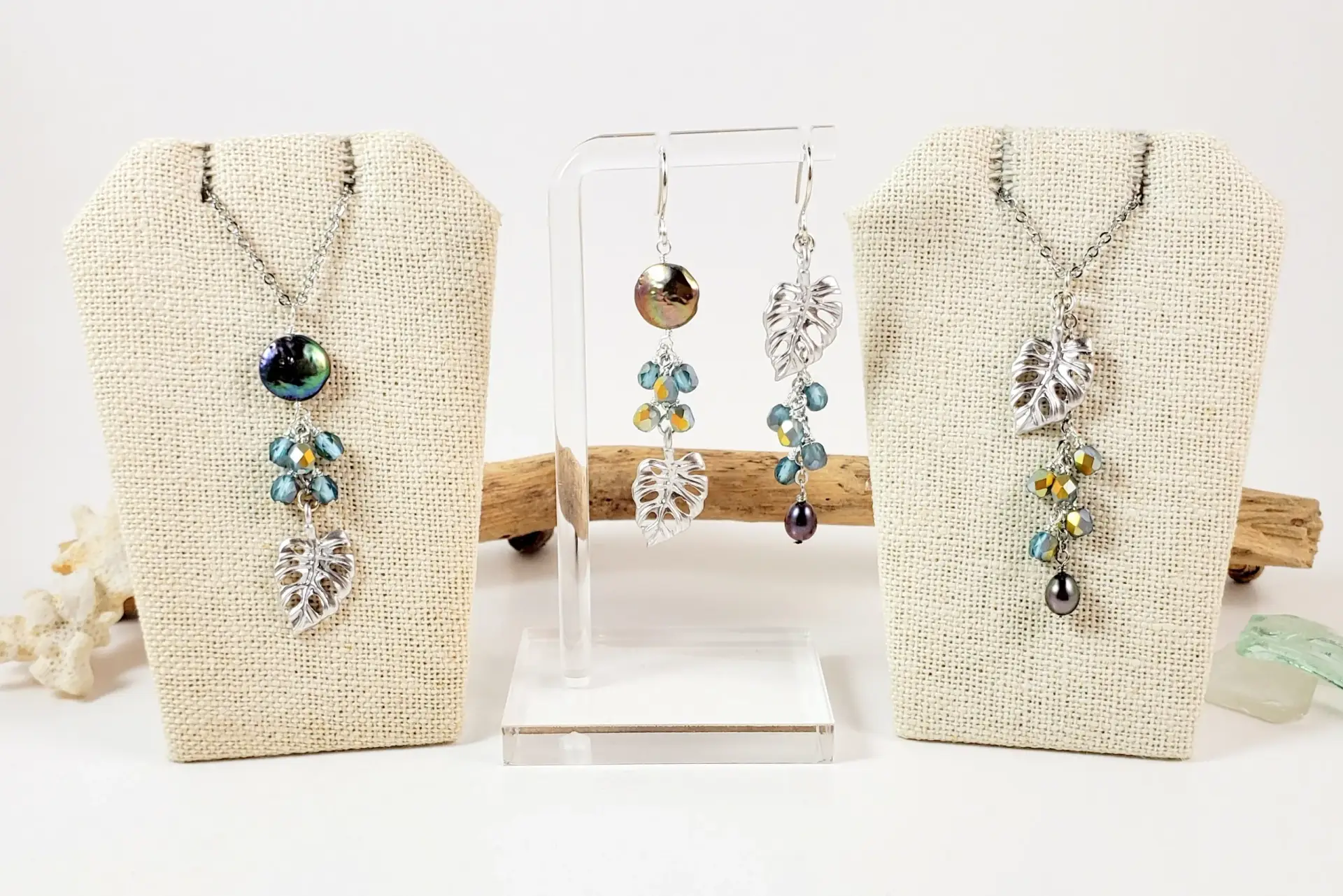 Silver and Gold Monstera Leaf Earrings and Necklace - Image 3
