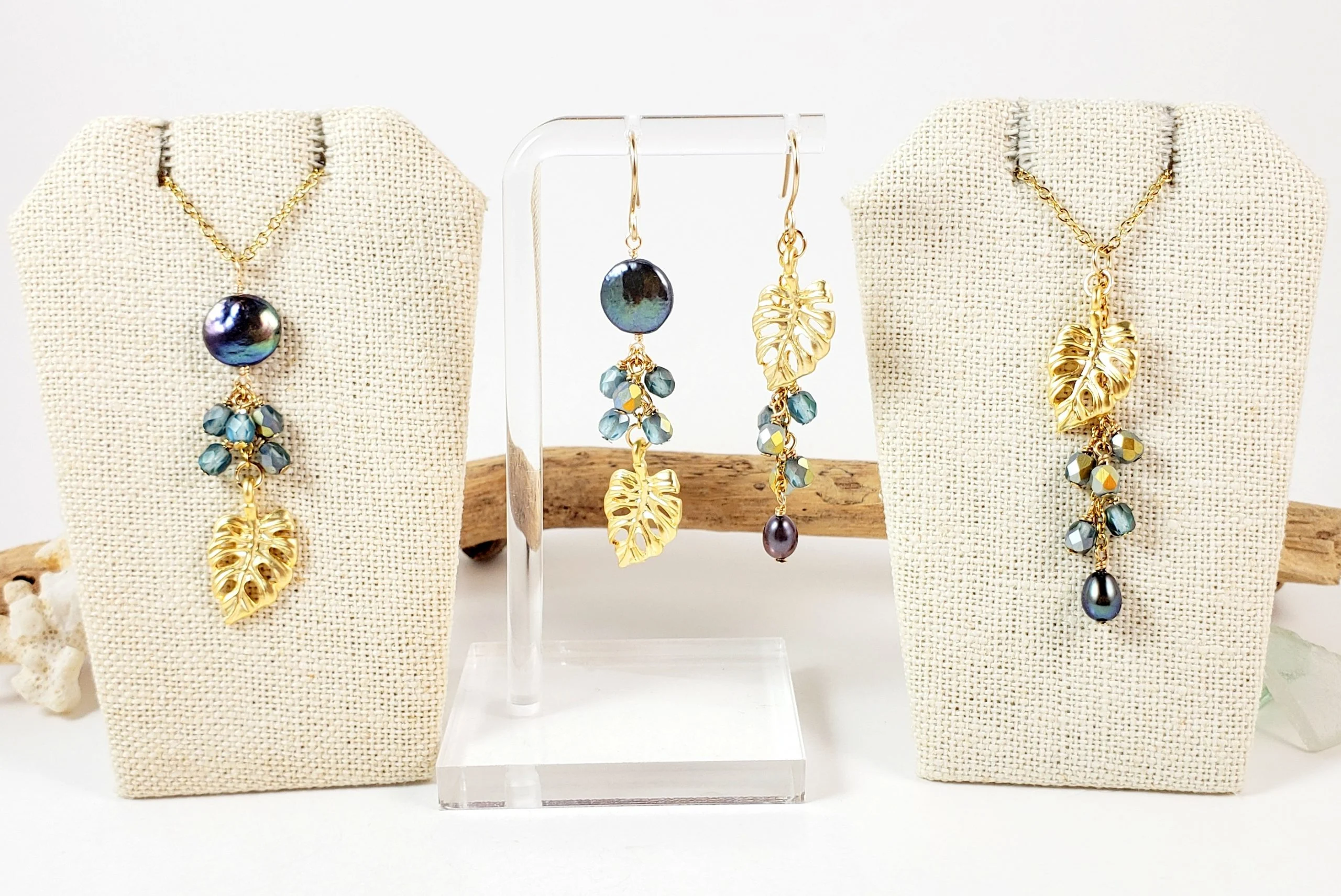 Silver and Gold Monstera Leaf Earrings and Necklace - Image 2