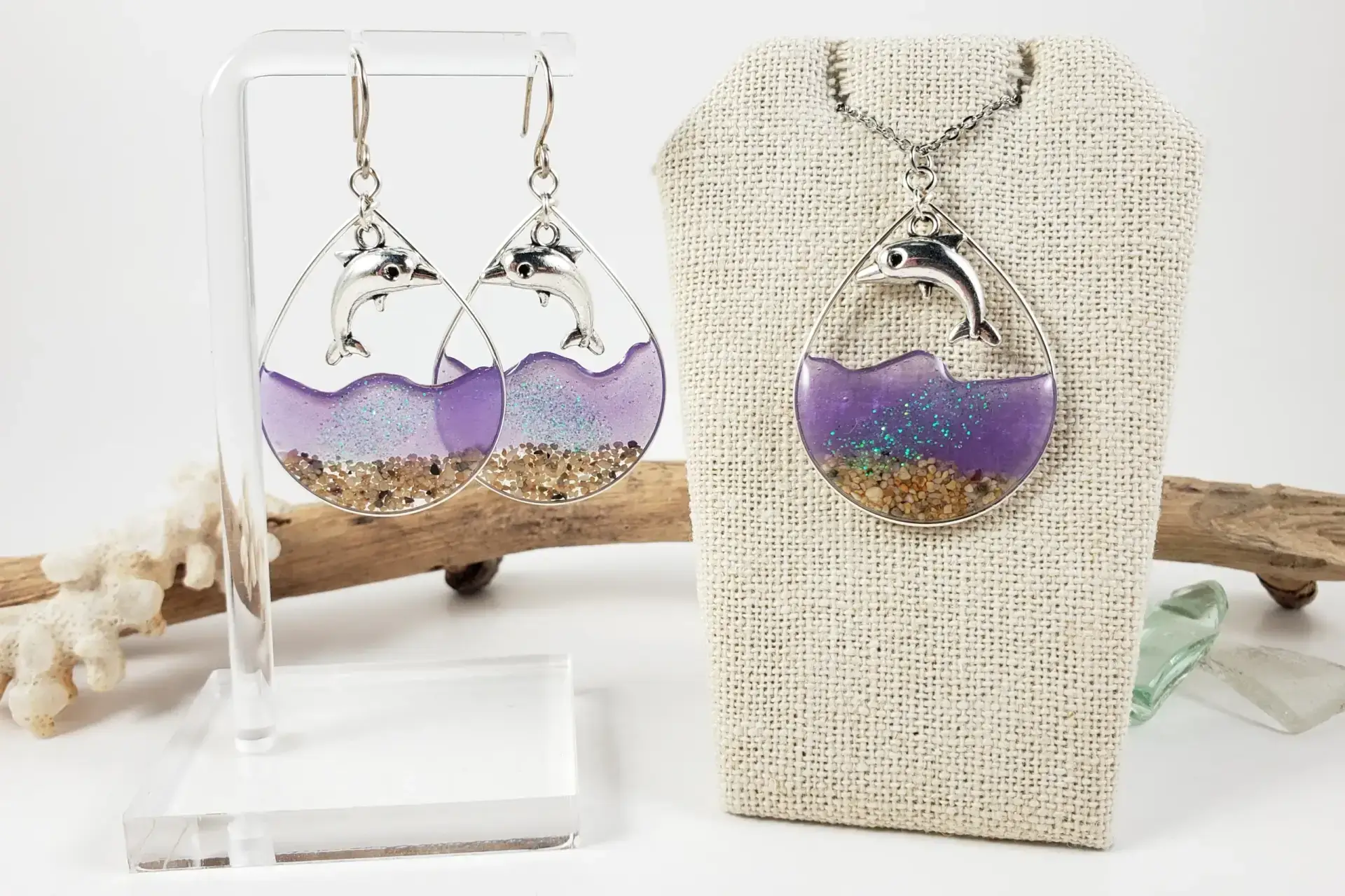 Sand and purple water with dolphins silver earrings and necklace