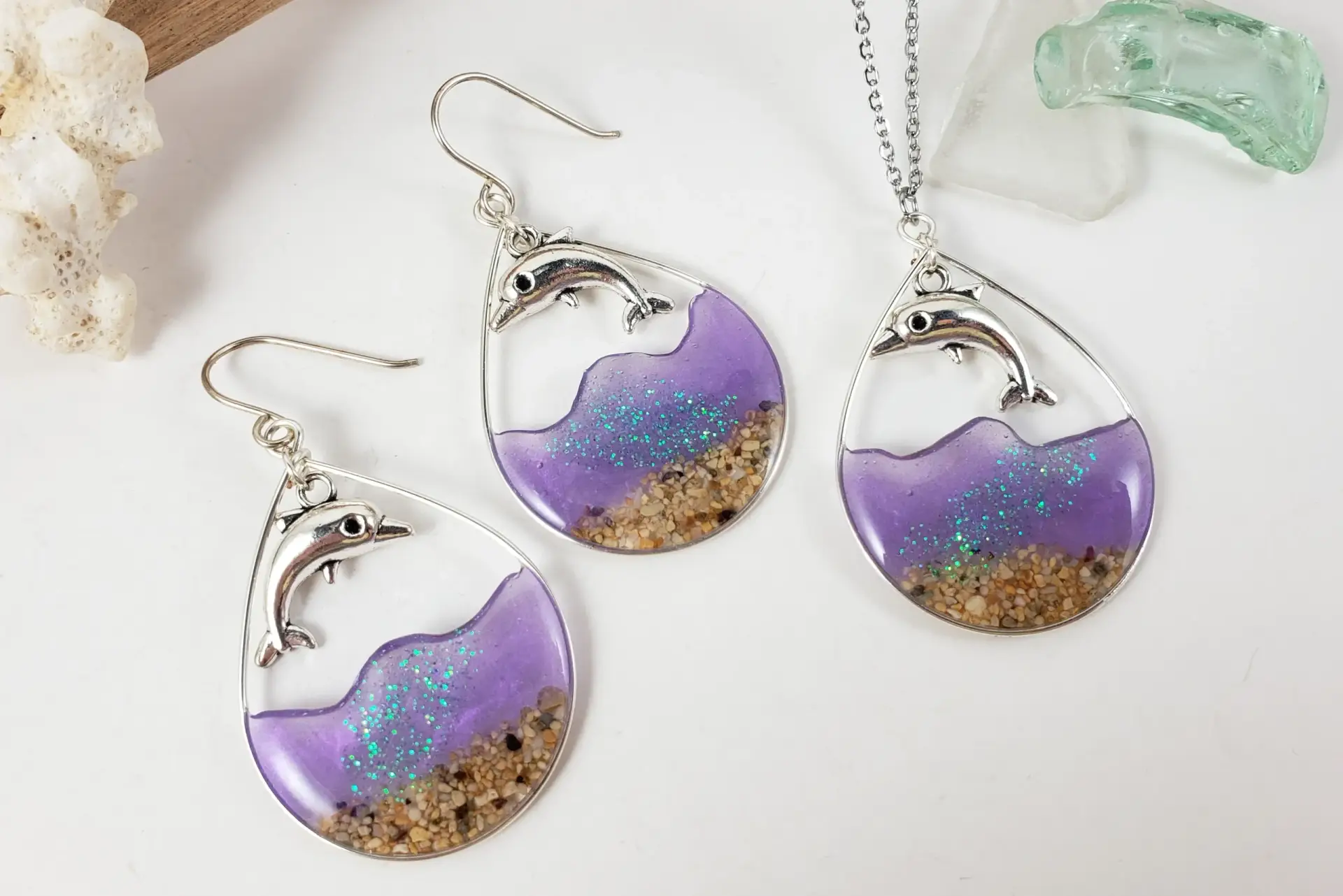 Sand and purple water with dolphins silver earrings and necklace - Image 4