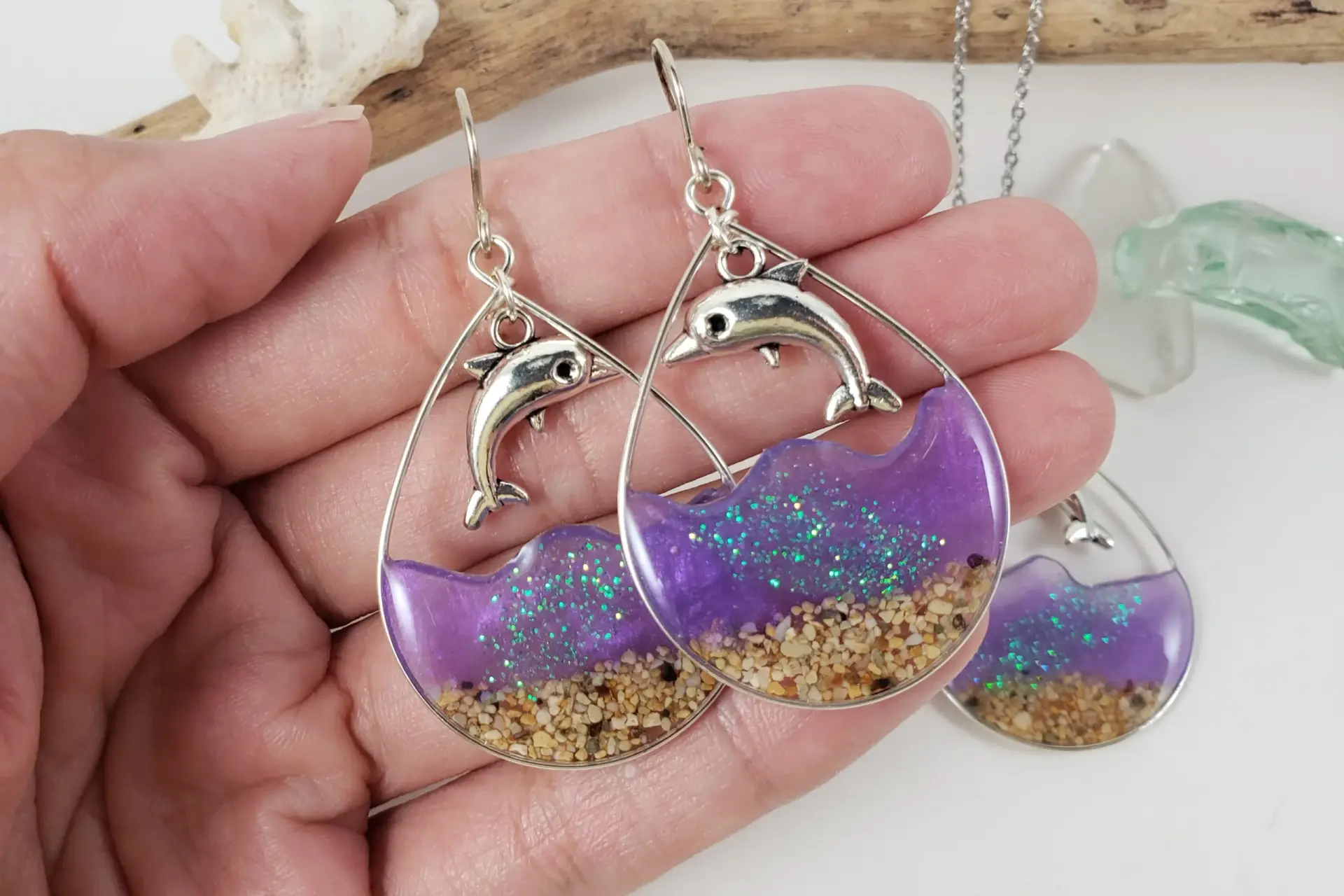 Sand and purple water with dolphins silver earrings and necklace - Image 2