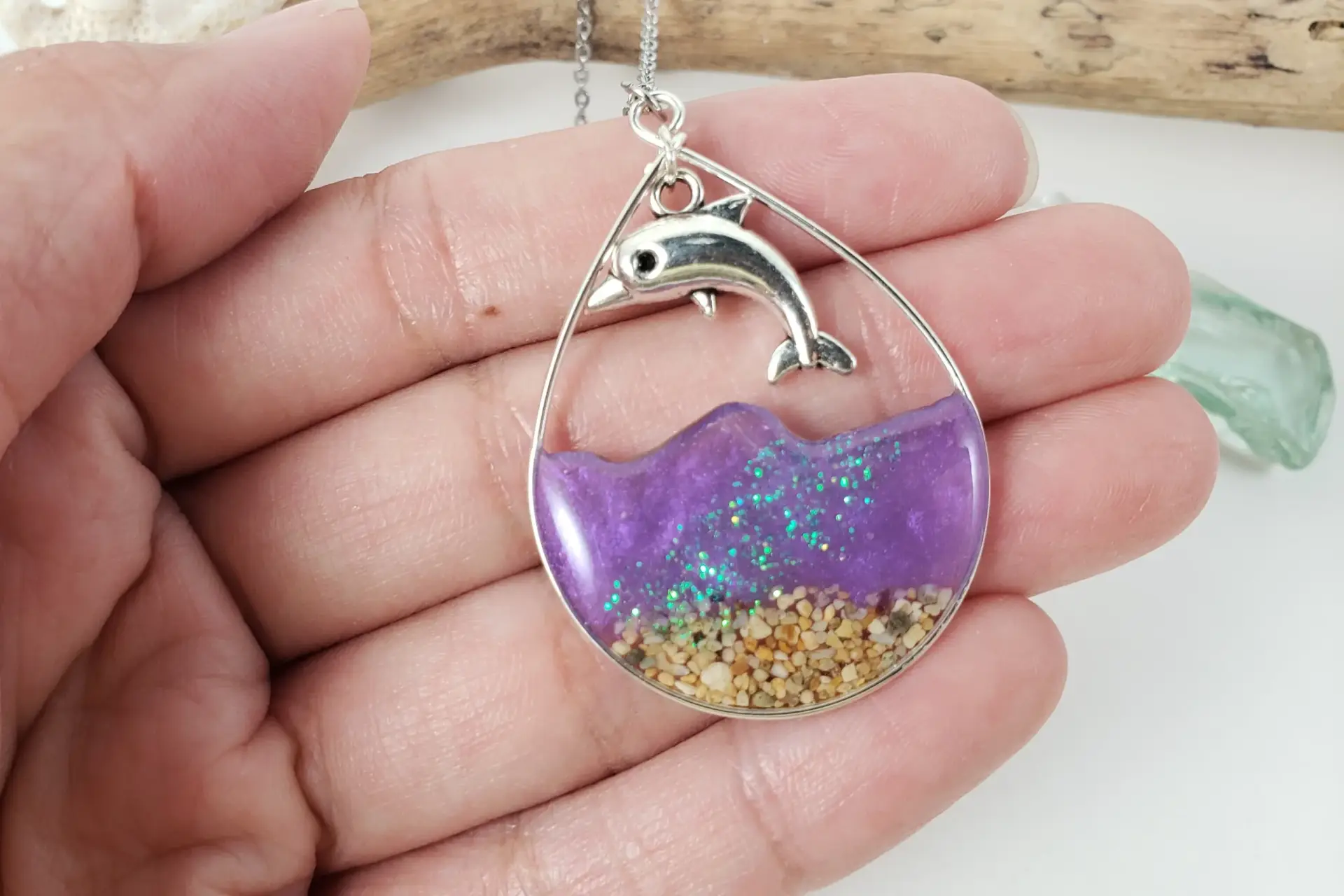 Sand and purple water with dolphins silver earrings and necklace - Image 3