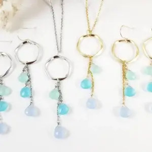 Blue, green, and purple gemstone circle earrings and necklace