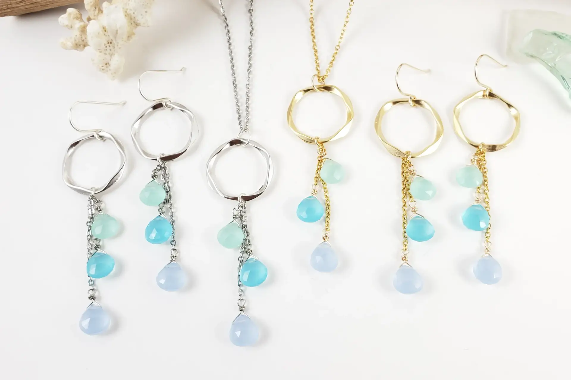 Blue, green, and purple gemstone circle earrings and necklace