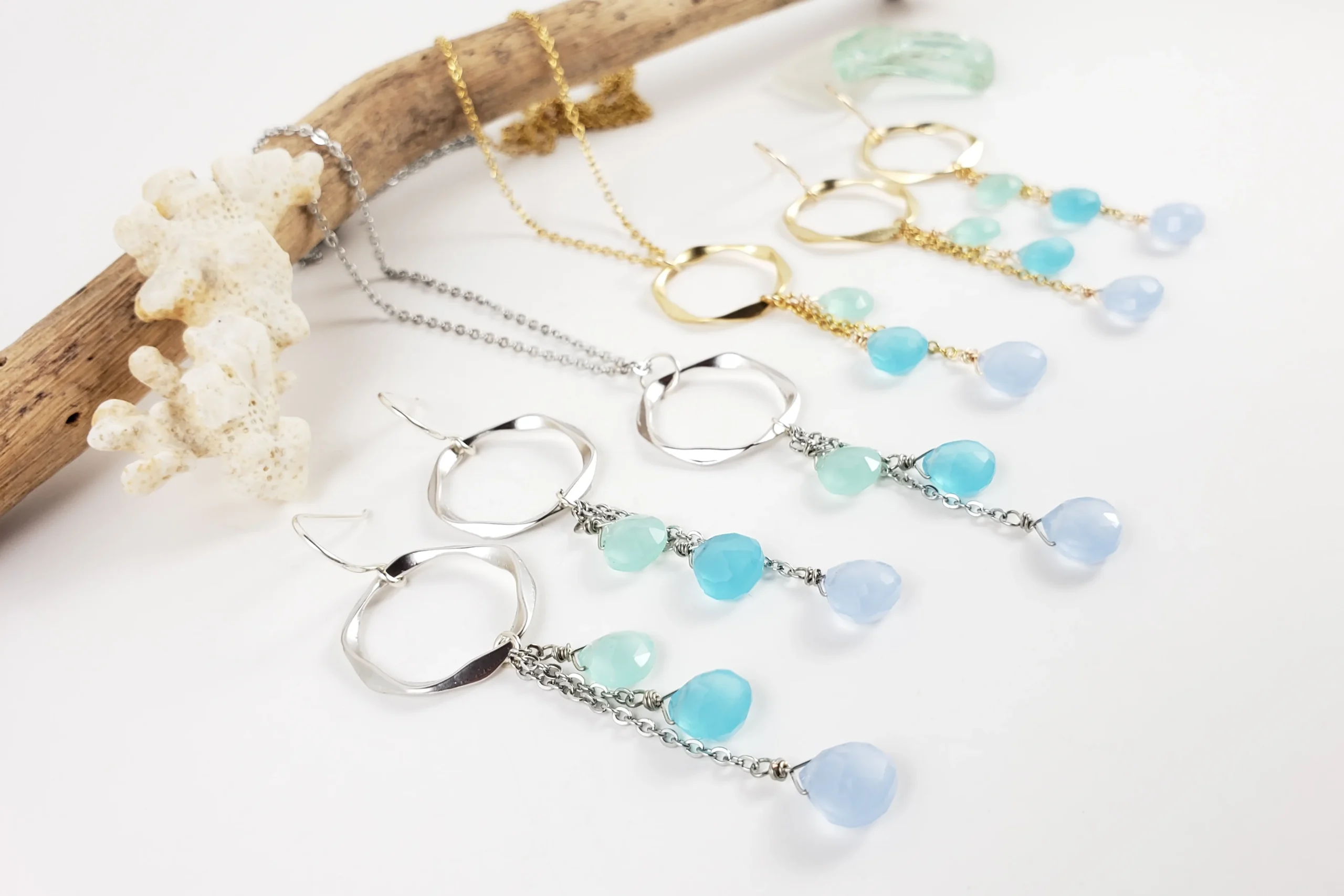 Blue, green, and purple gemstone circle earrings and necklace - Image 3
