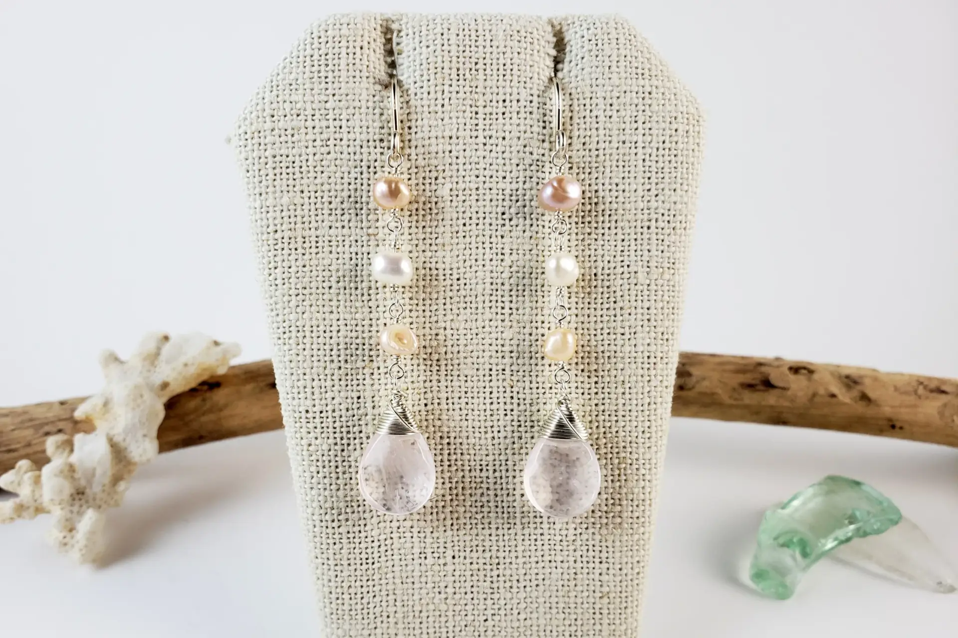 Rose quartz and freshwater pearls earring and necklace - Image 8