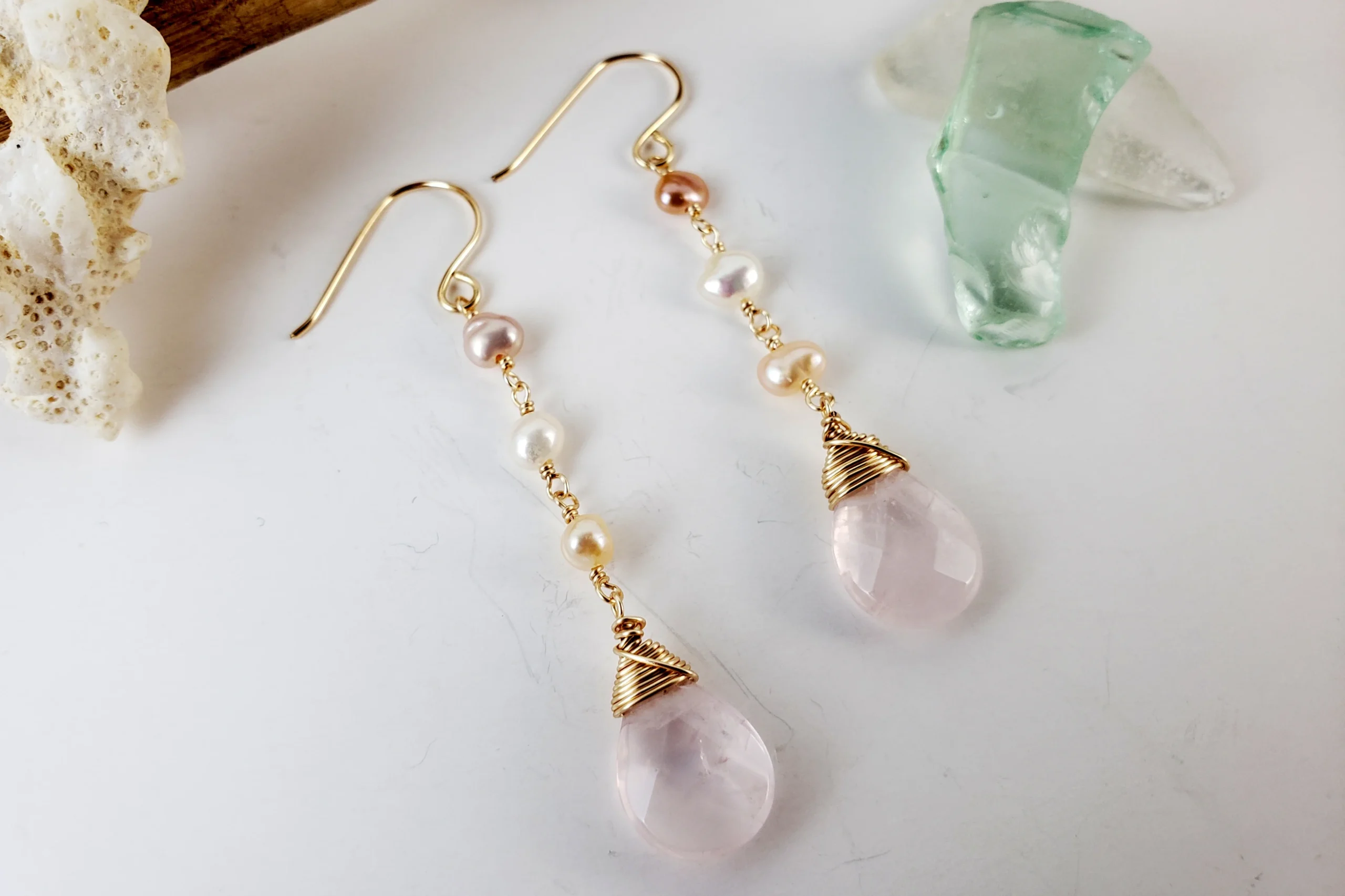 Rose quartz and freshwater pearls earring and necklace - Image 7