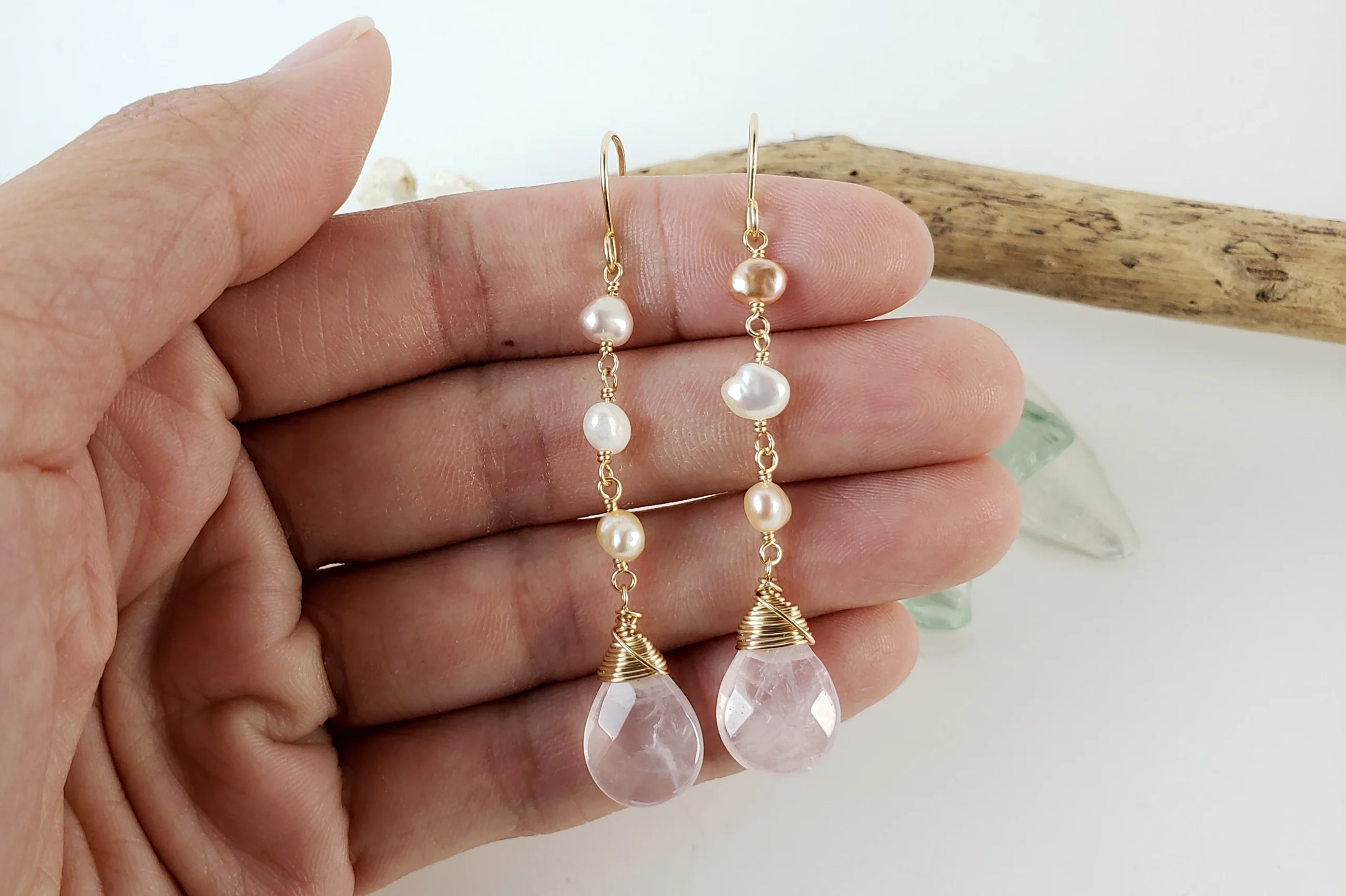 Rose quartz and freshwater pearls earring and necklace - Image 6