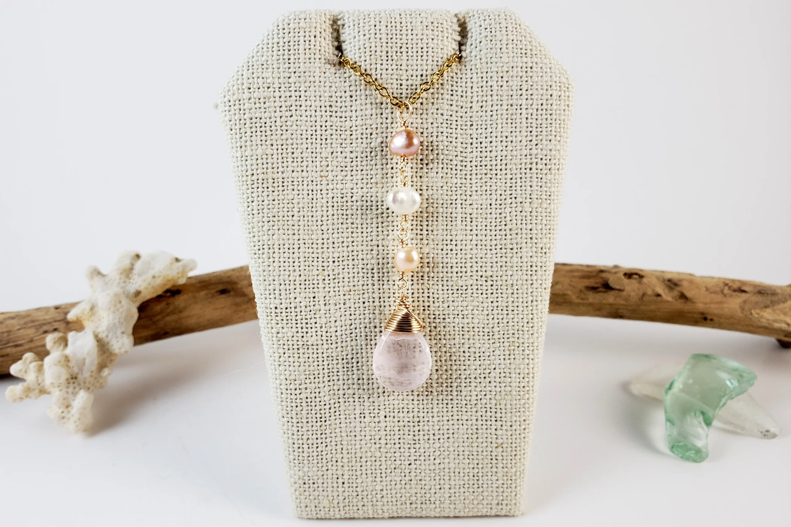 Rose quartz and freshwater pearls earring and necklace - Image 5