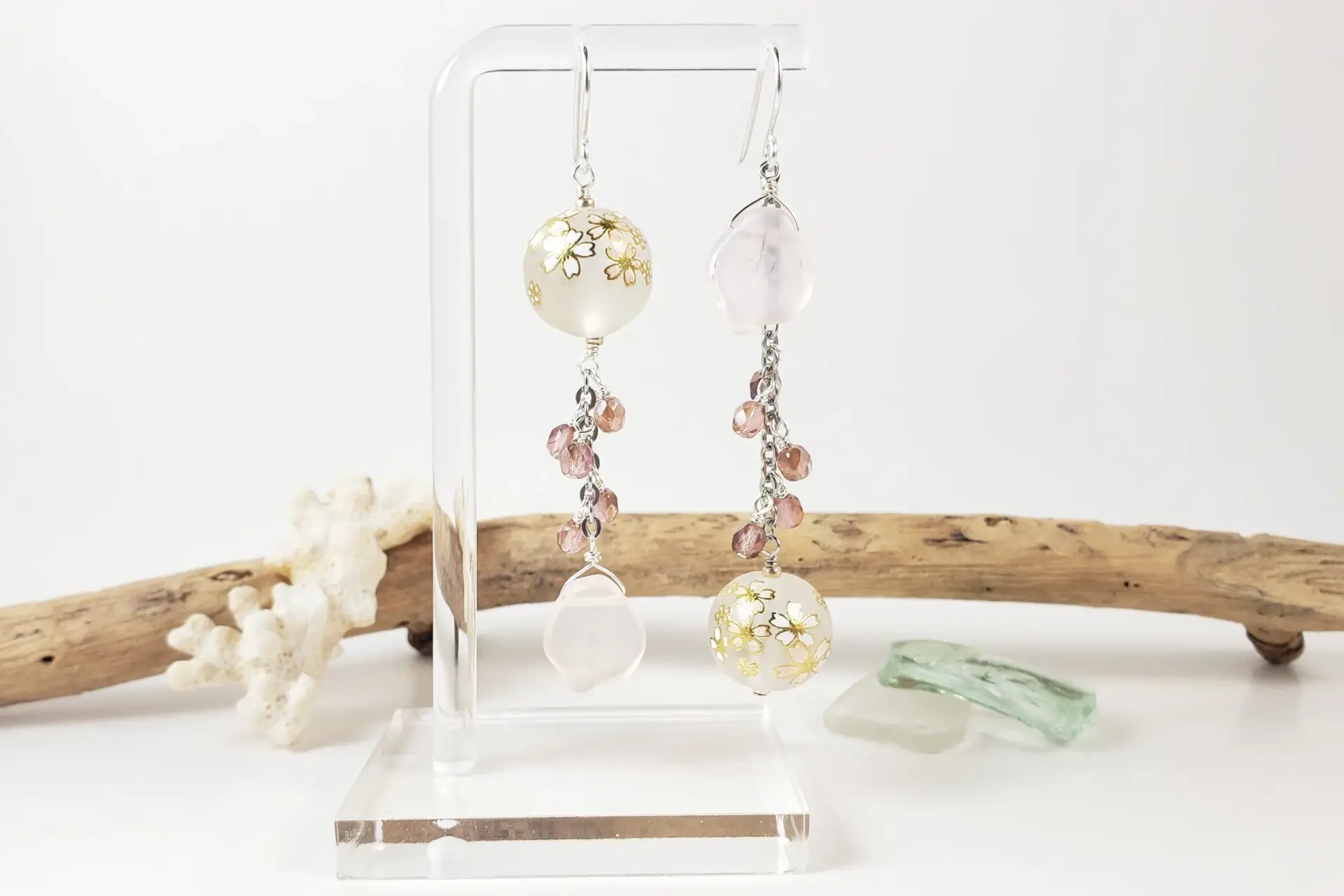 Cherry blossom pink asymmetrical earrings in silver