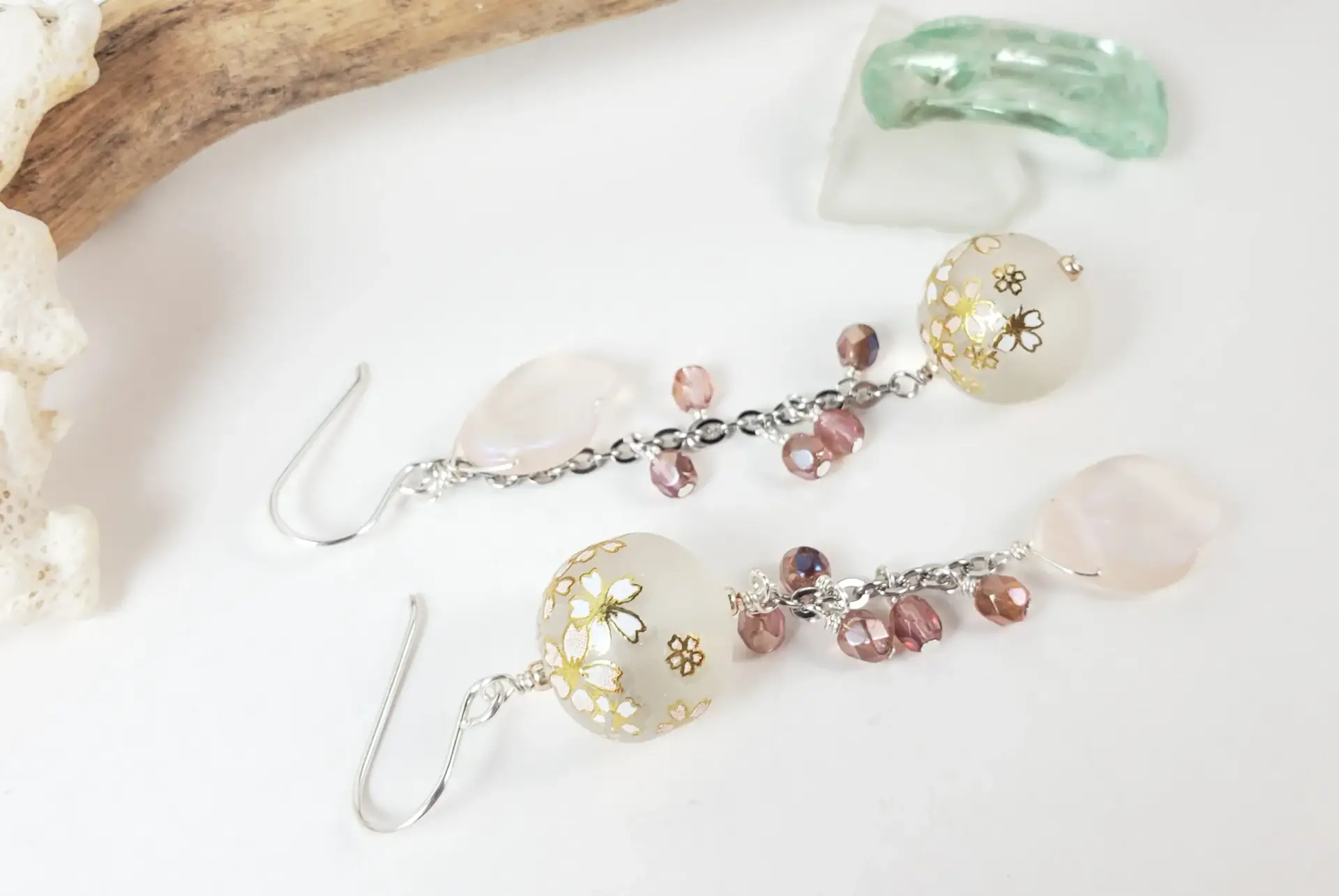 Cherry blossom pink asymmetrical earrings in silver - Image 2
