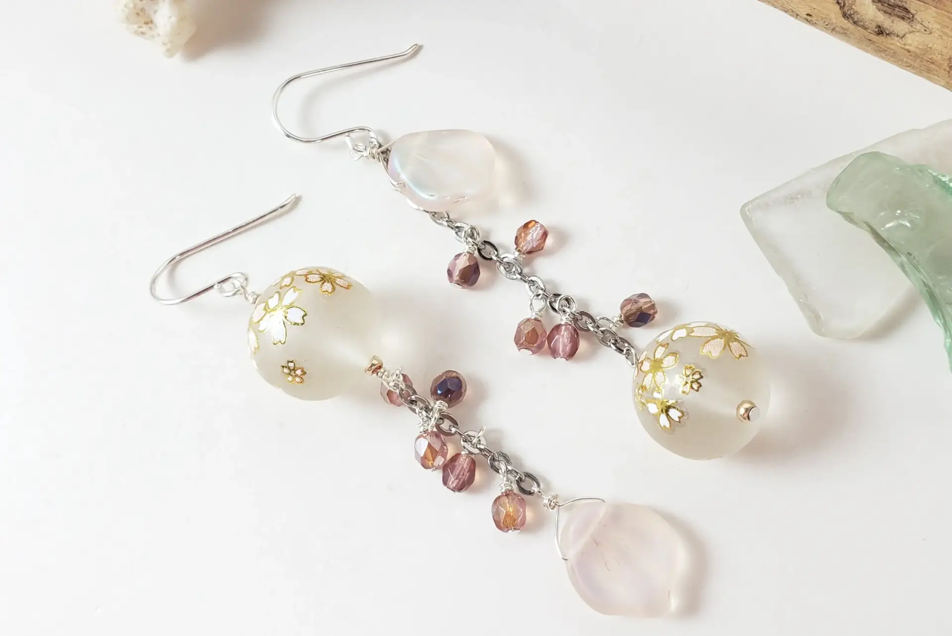 Cherry blossom pink asymmetrical earrings in silver - Image 3