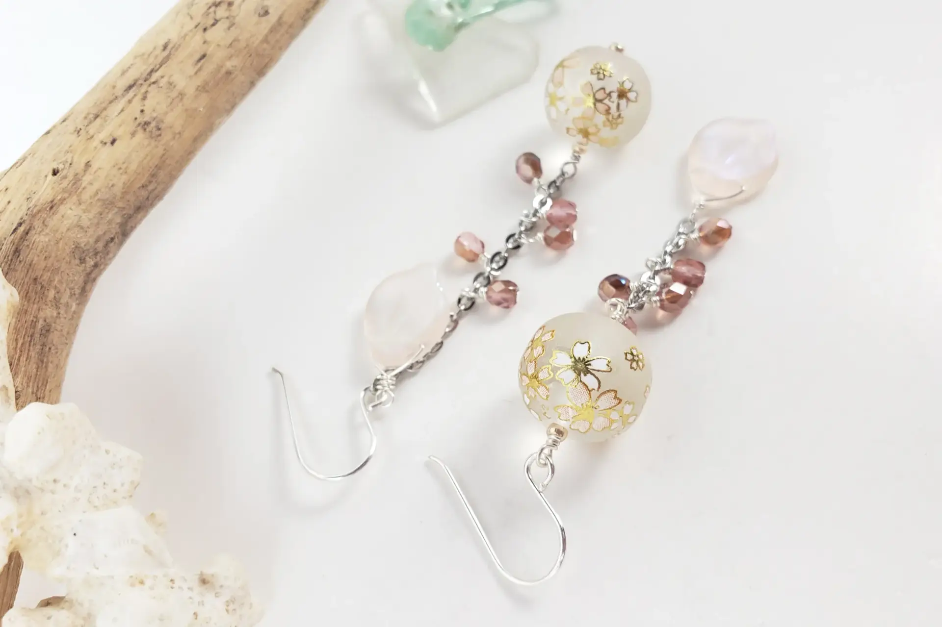 Cherry blossom pink asymmetrical earrings in silver - Image 5