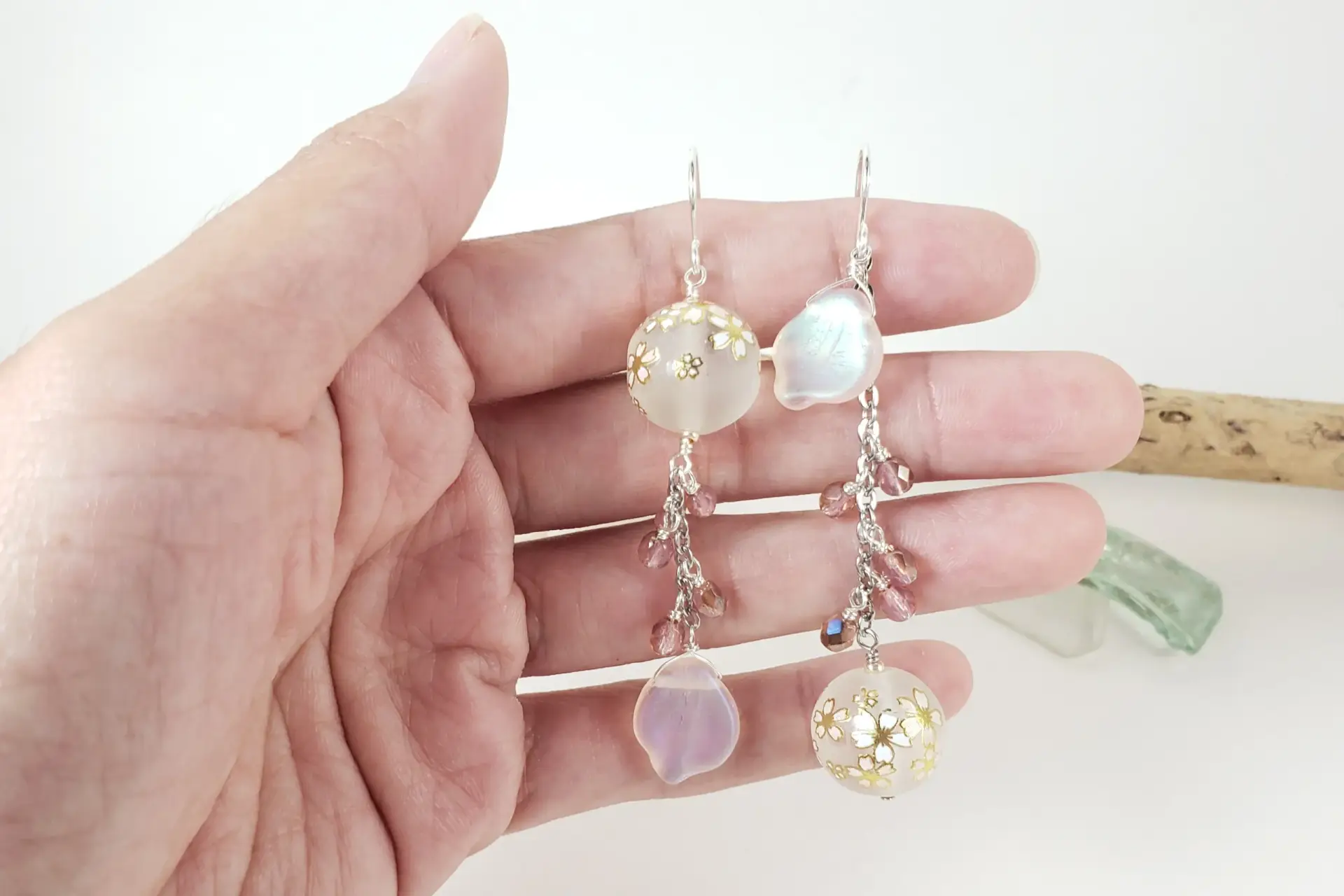 Cherry blossom pink asymmetrical earrings in silver - Image 4