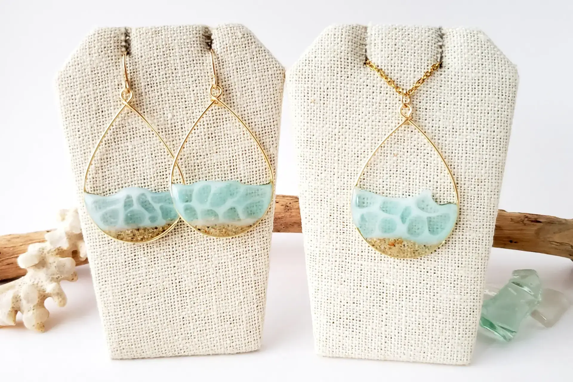 Seafoam water and sand earrings and necklace