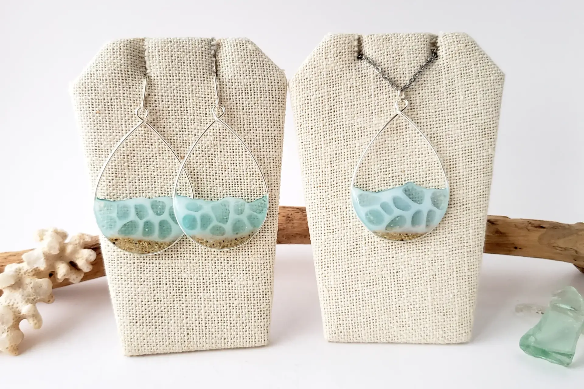 Seafoam water and sand earrings and necklace - Image 2