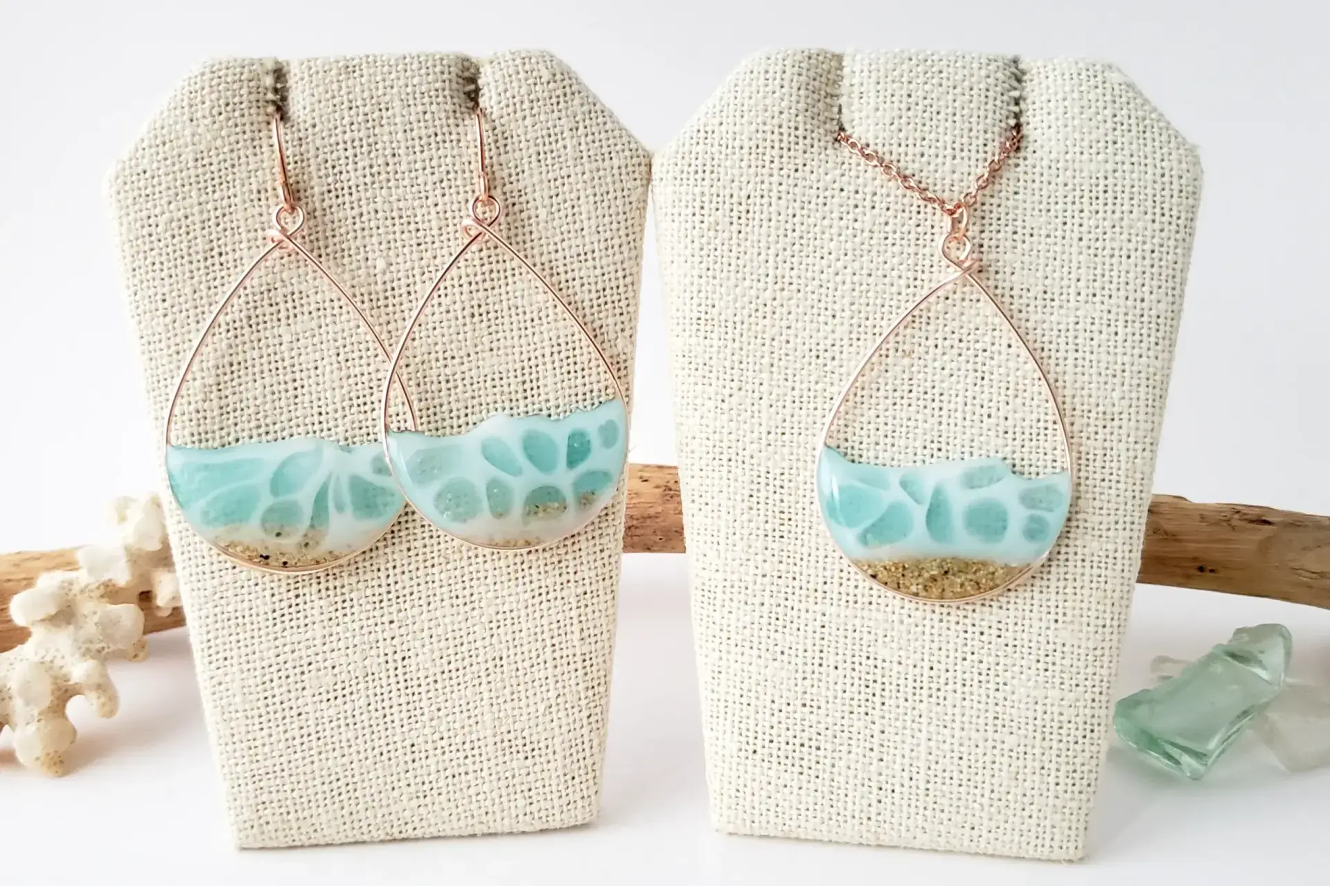 Seafoam water and sand earrings and necklace - Image 4