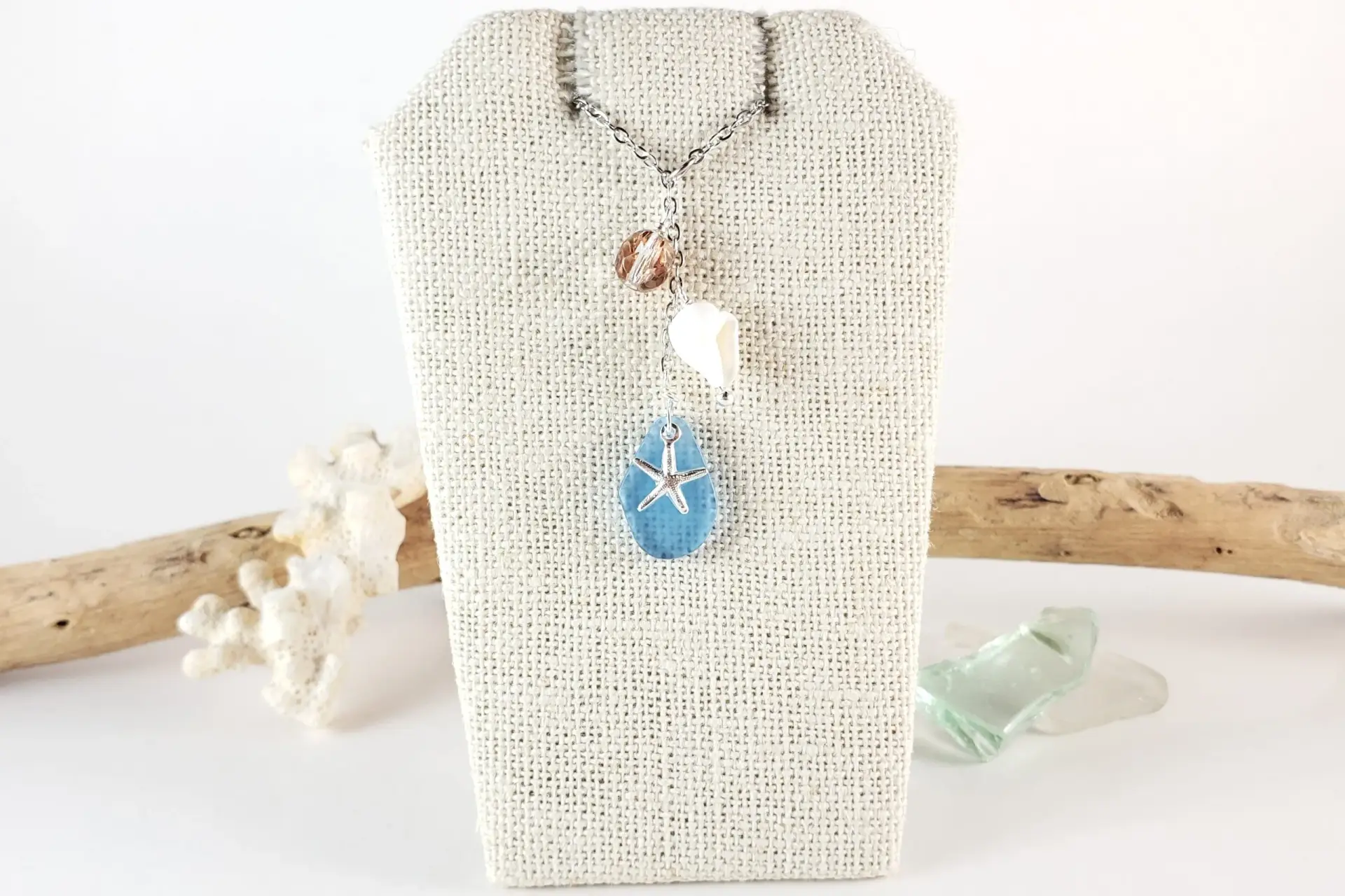 Blue sea glass, starfish, and shell necklace - Image 2
