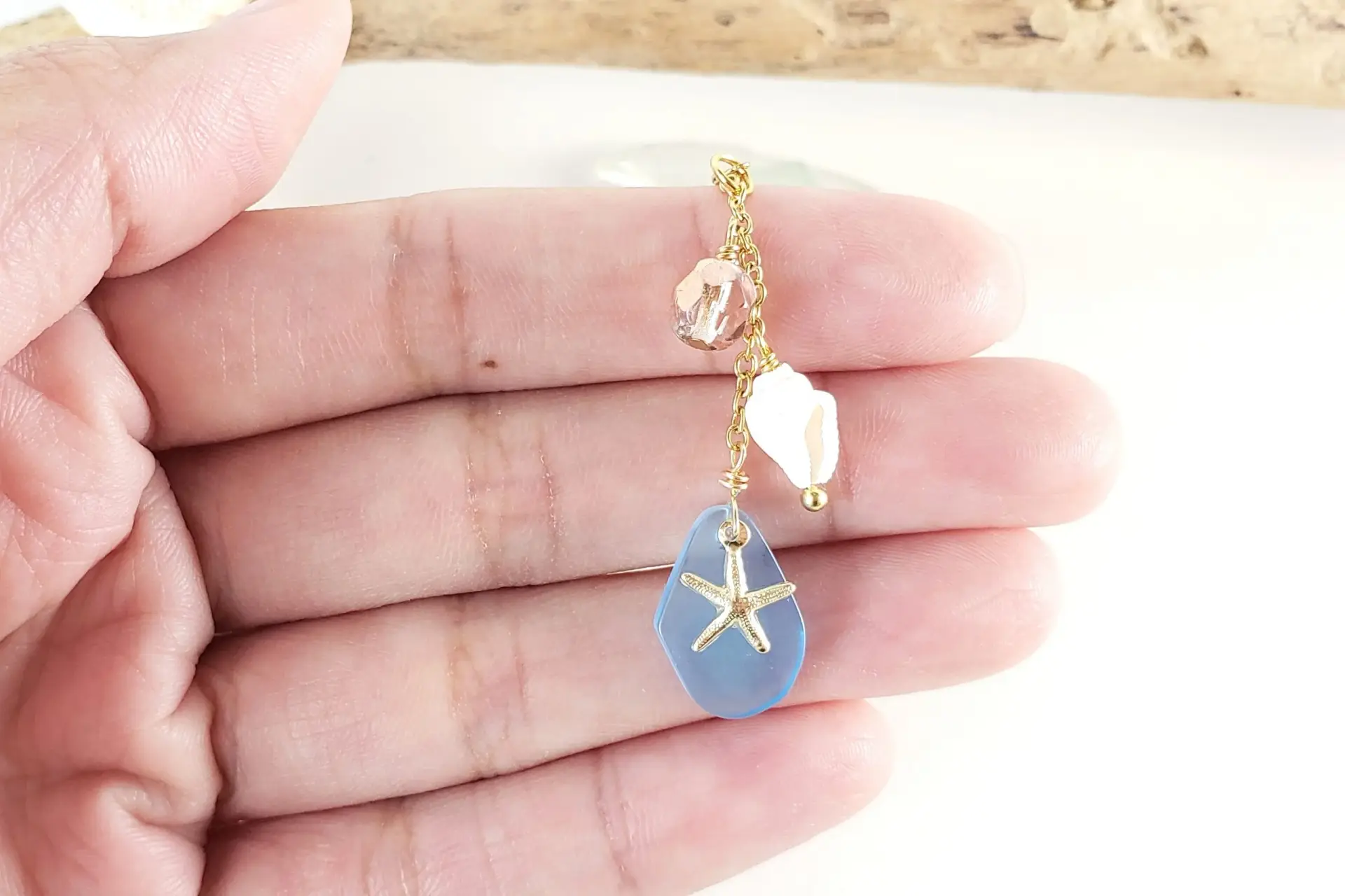Blue sea glass, starfish, and shell necklace - Image 4