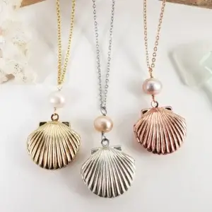 Seashell locket with freshwater pearl necklace