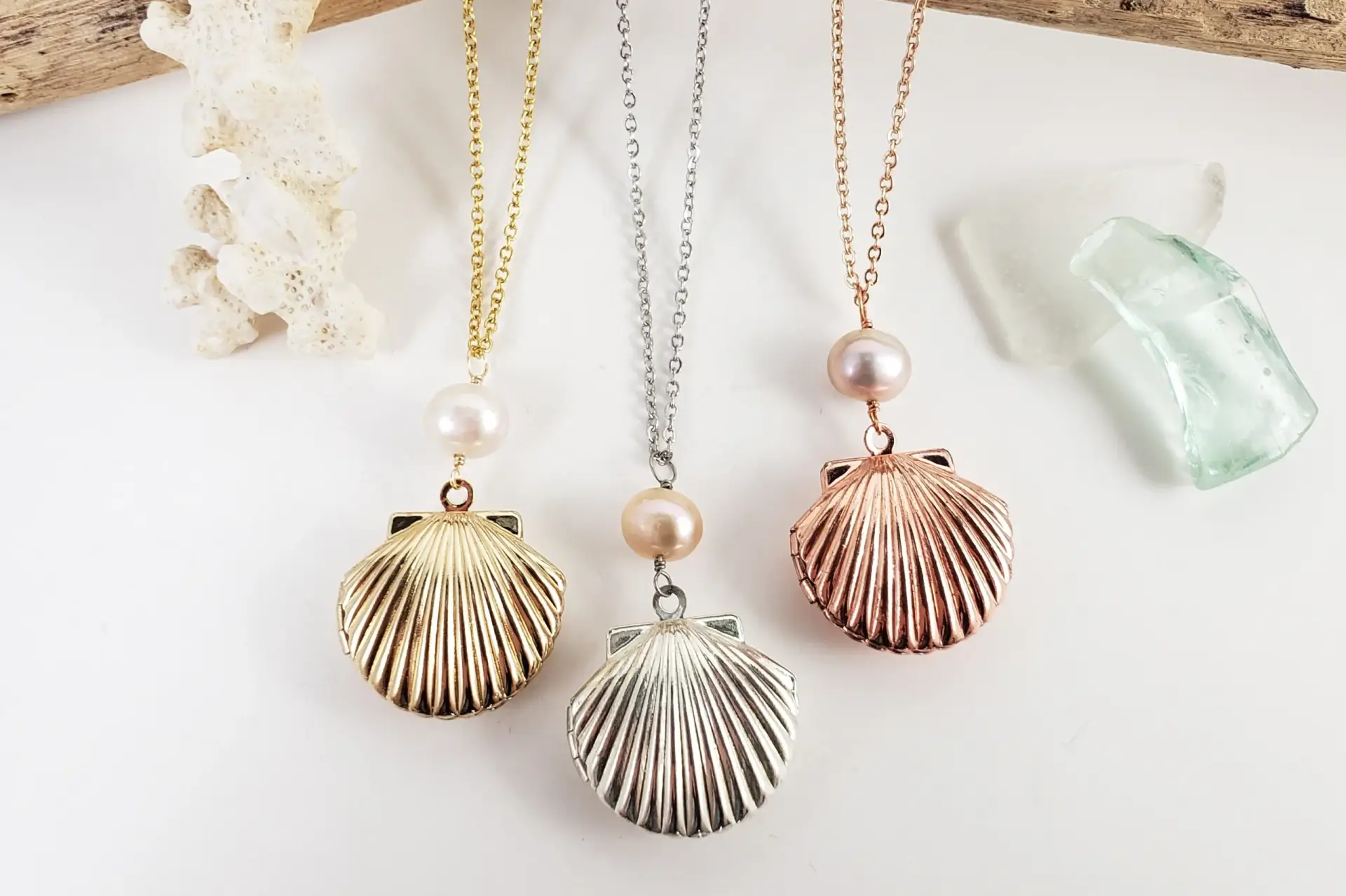 Seashell locket with freshwater pearl necklace