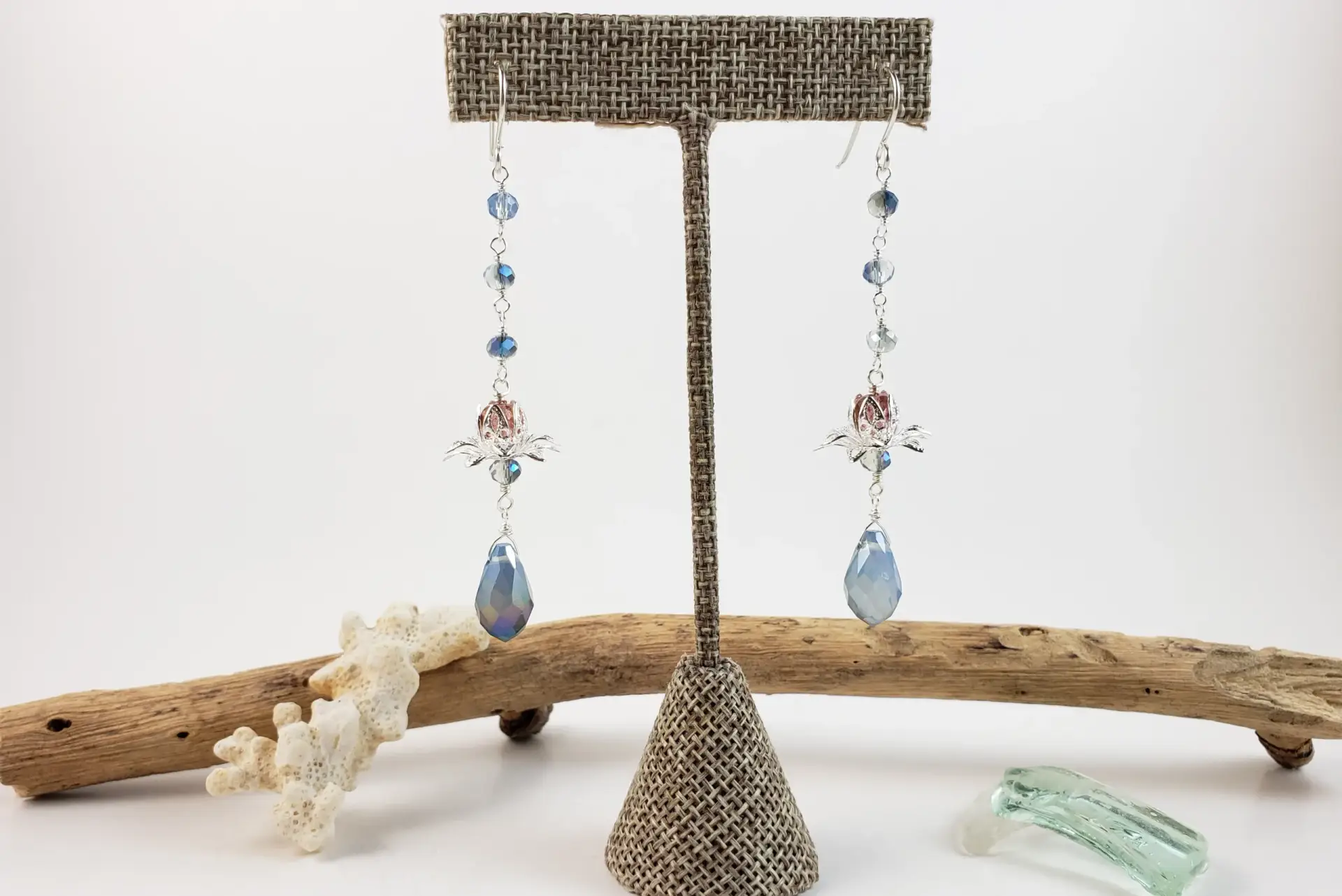 Silver lotus and blue crystal earrings and necklace - Image 5