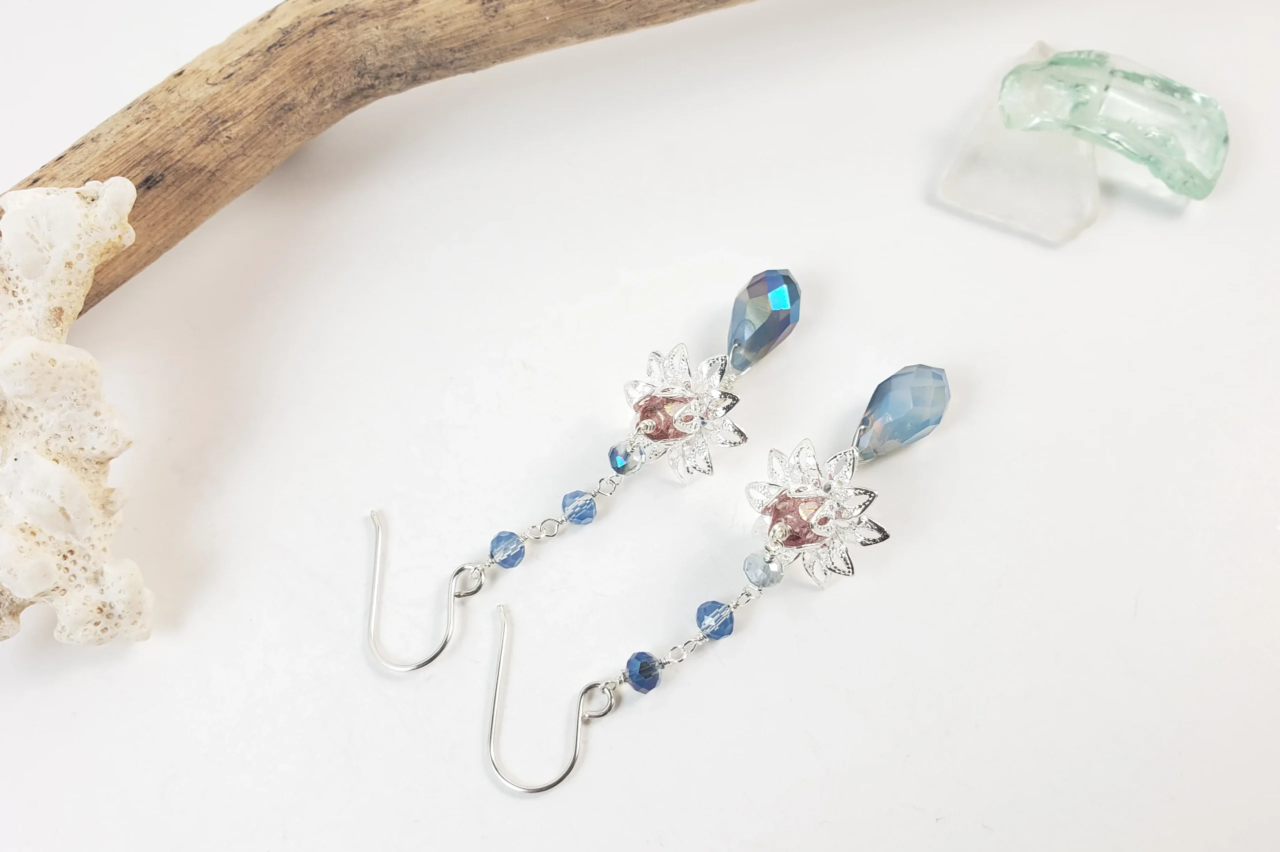 Silver lotus and blue crystal earrings and necklace - Image 7