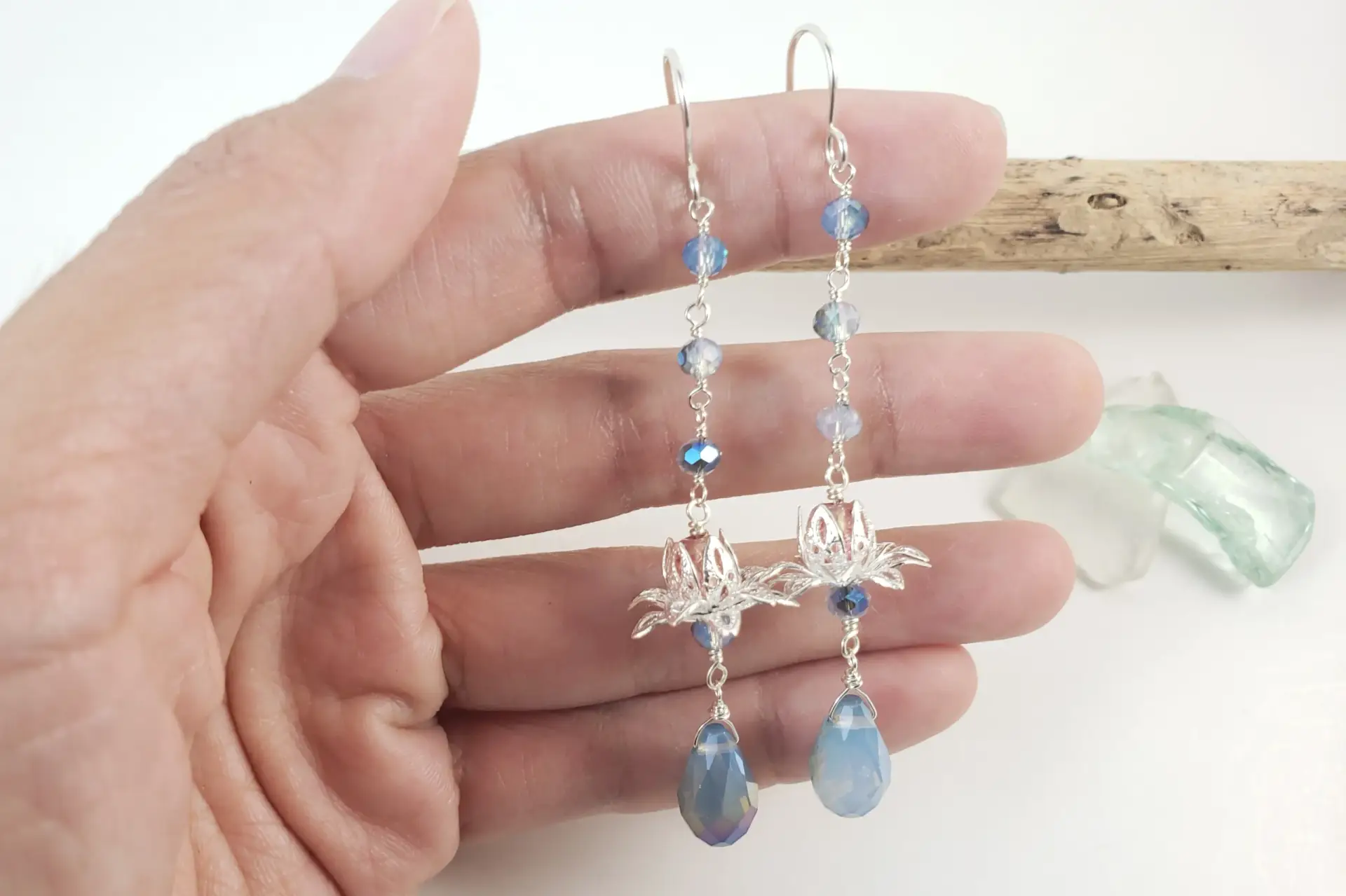 Silver lotus and blue crystal earrings and necklace - Image 4