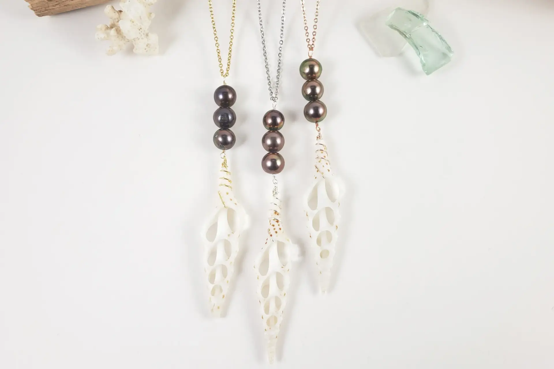 Spiral seashell and freshwater pearl necklace