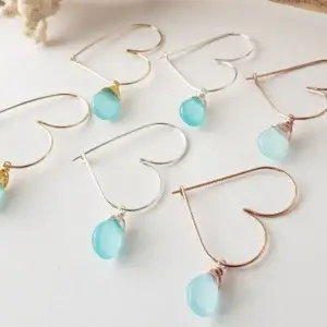 Small heart hoop earrings with blue glass drop