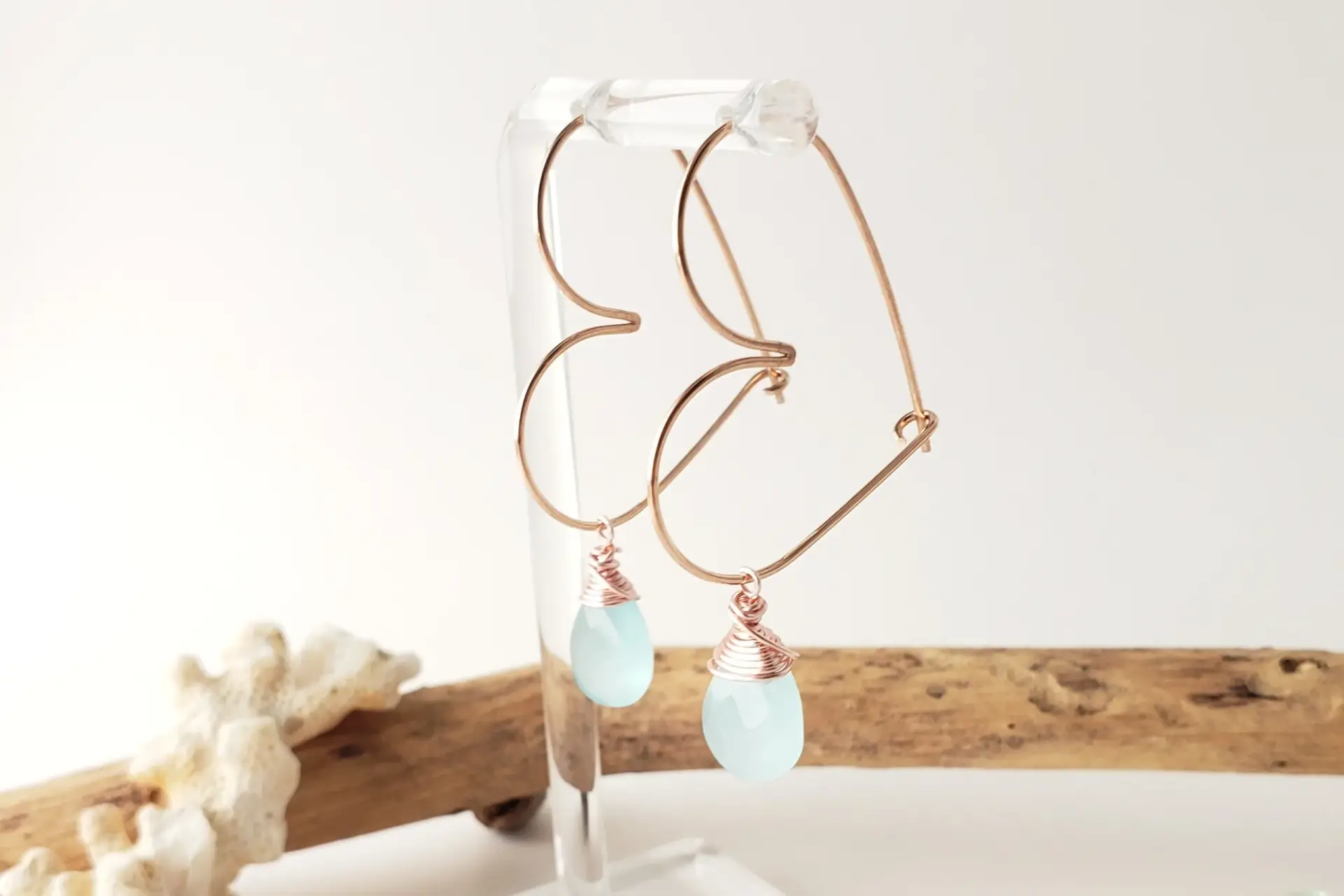 Small heart hoop earrings with blue glass drop - Image 2