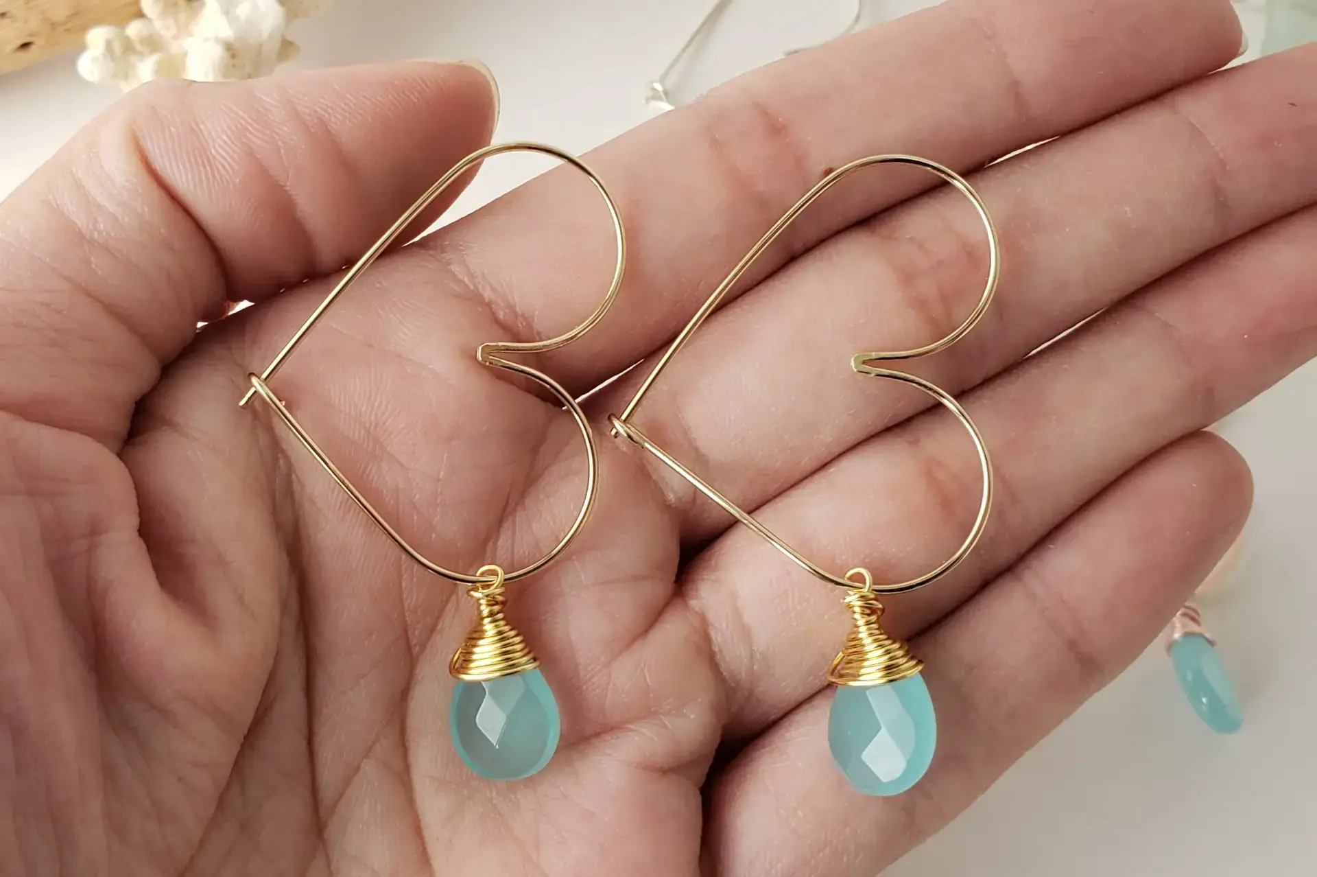 Small heart hoop earrings with blue glass drop - Image 3