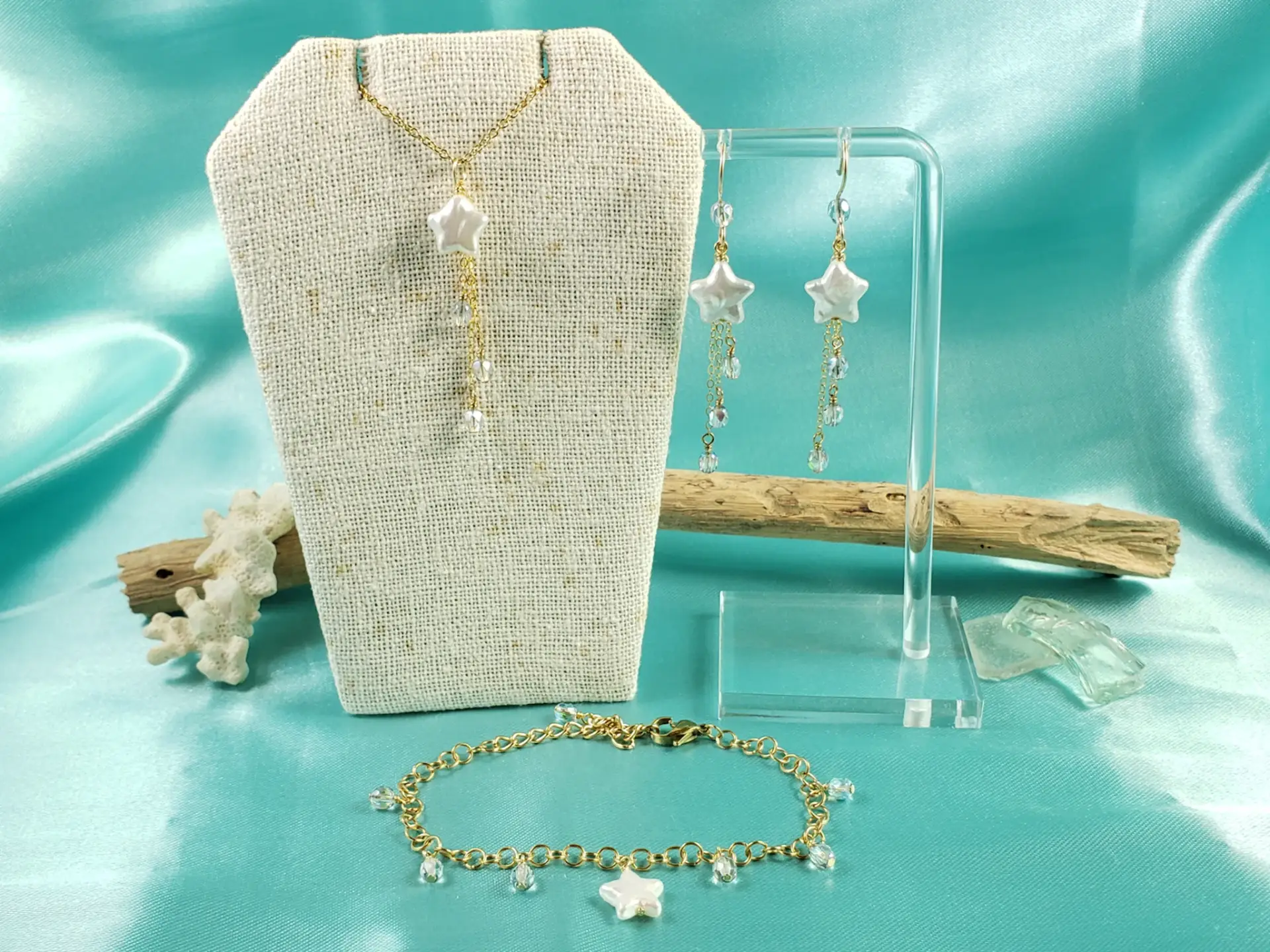 Genuine freshwater pearl star earrings, necklaces, and bracelets